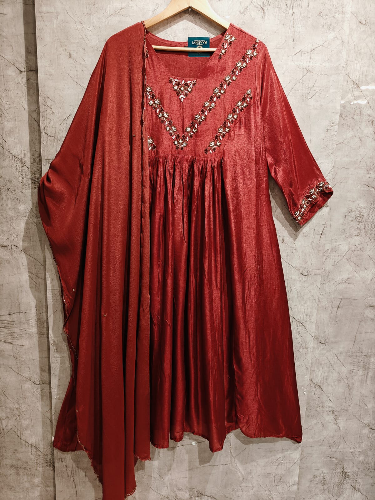 Maroon Mul Chanderi  Silk Anarkali Handwork Kurtha Set