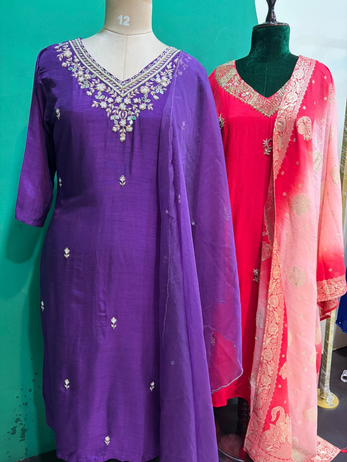 Red Mul Chanderi Hand Embroidery  A Line  Kurtha 686