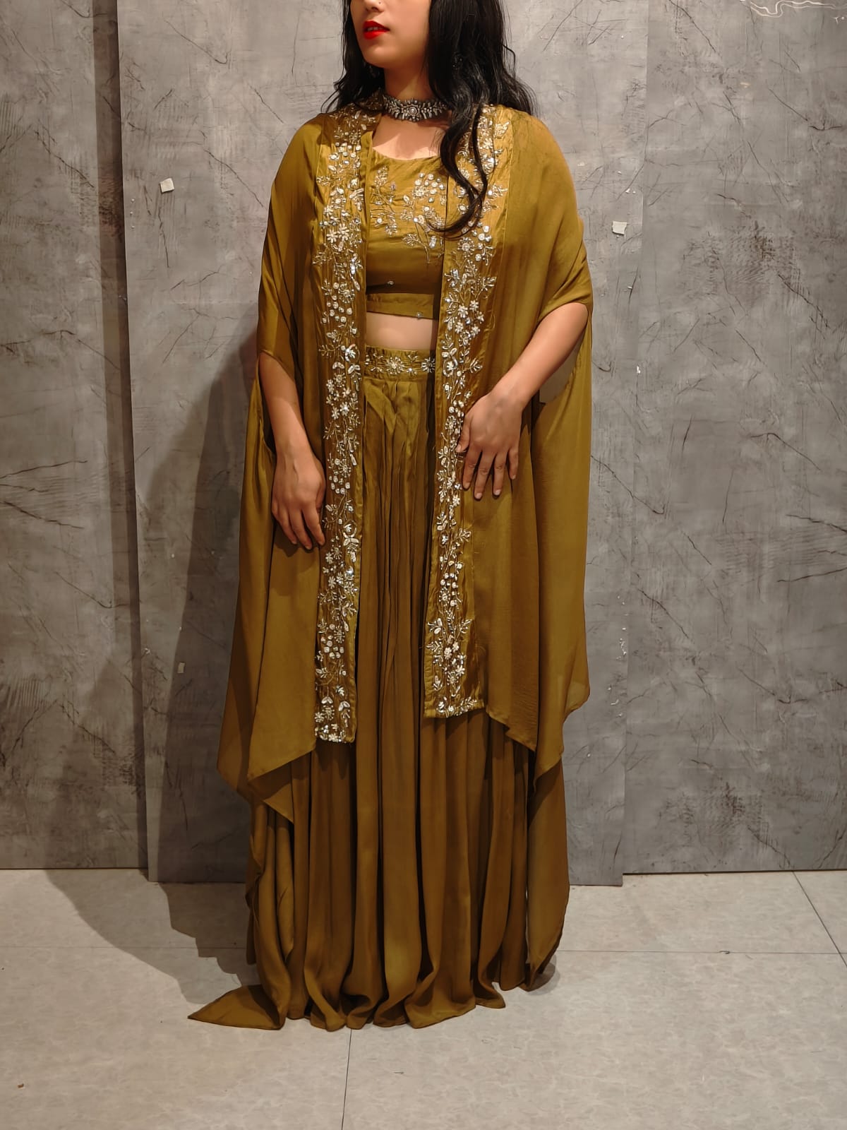 "PARI"  Mehendi Green Designer Kurtha 43 Set with Handwork Top, Skirt and Cape Indo-western