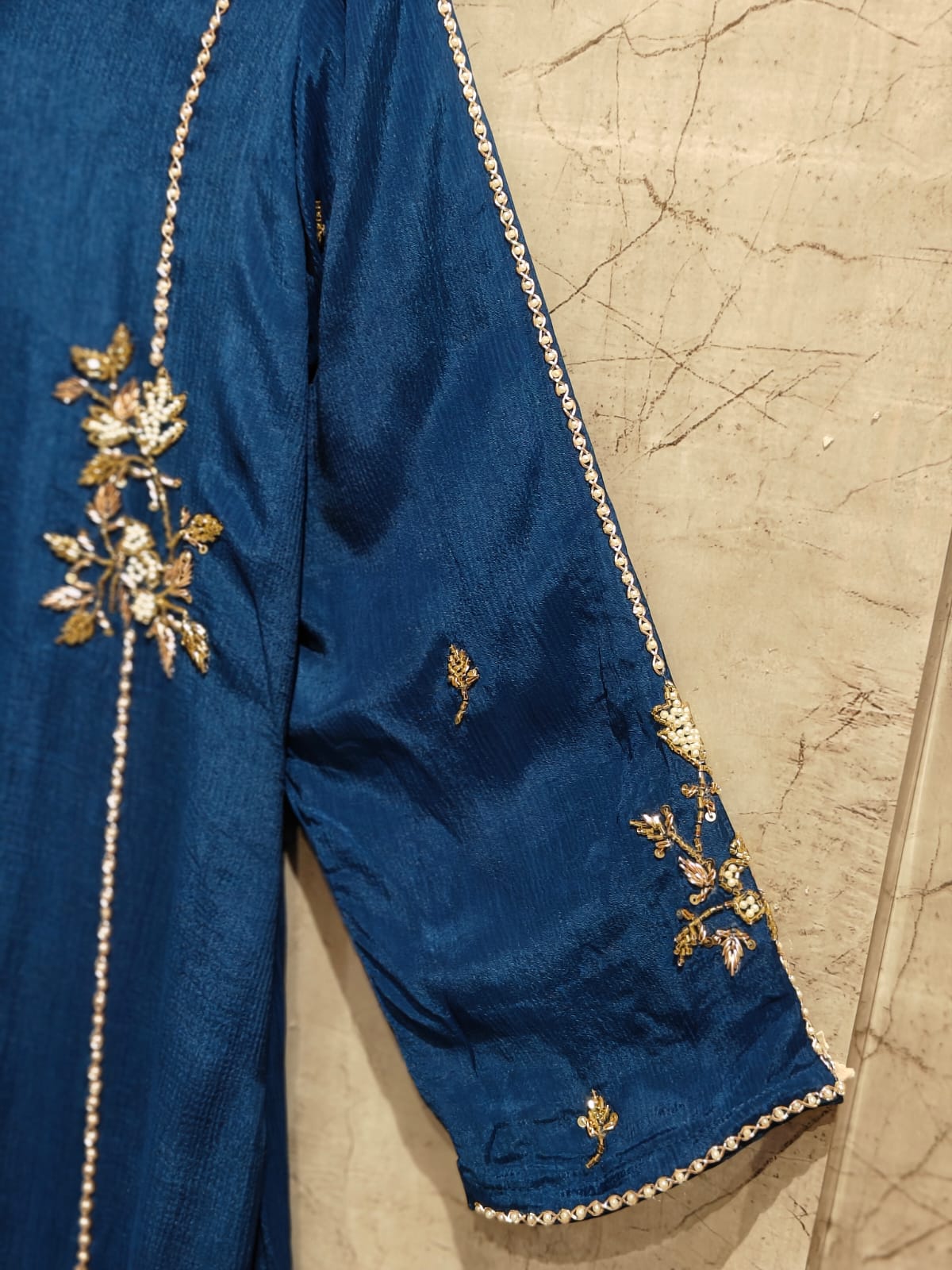 Dark Blue Chinnon Hand Embroidery Airline Kurtha 555