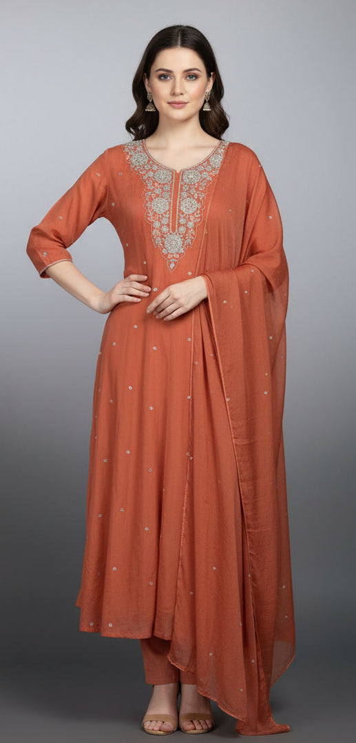 Orange Anarkali Chinnon Hand Embroidery Kurtha 567