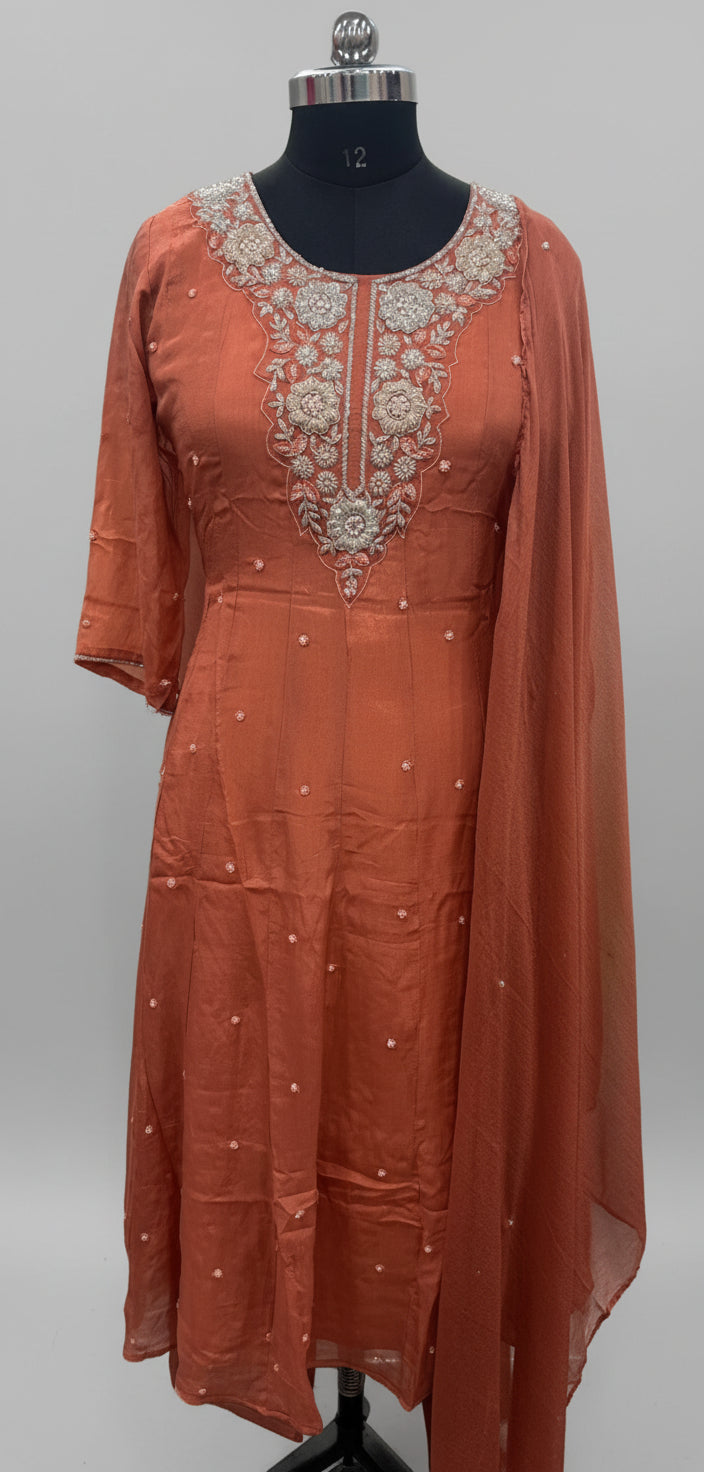 Orange Anarkali Chinnon Hand Embroidery Kurtha 567