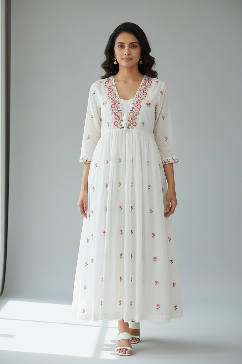 White Cotton Tread Embroidery Airline Kurtha