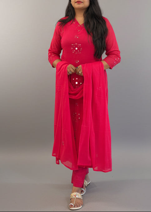 Pink Cotton Anarkali Mirror Work Kurtha 643
