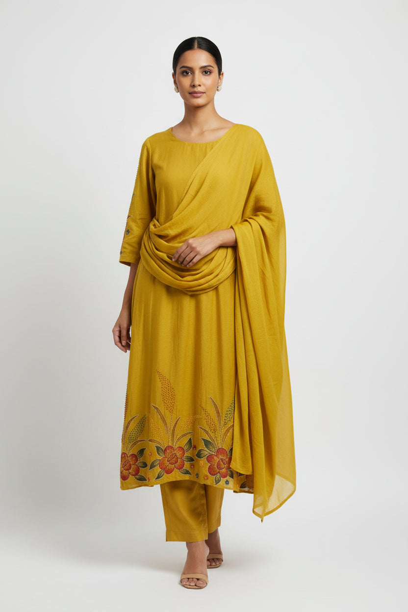 Yellow Mul Chanderi Thread Embroidery Airline Kurtha 483