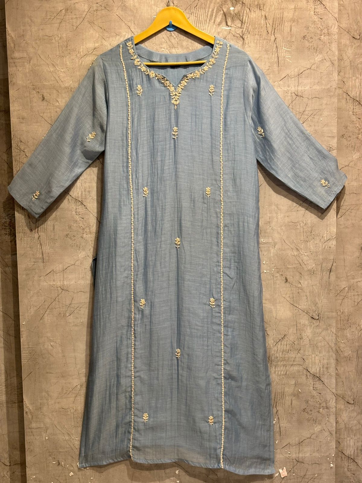 Blue Mul Chanderi embroidery Kurtha set
