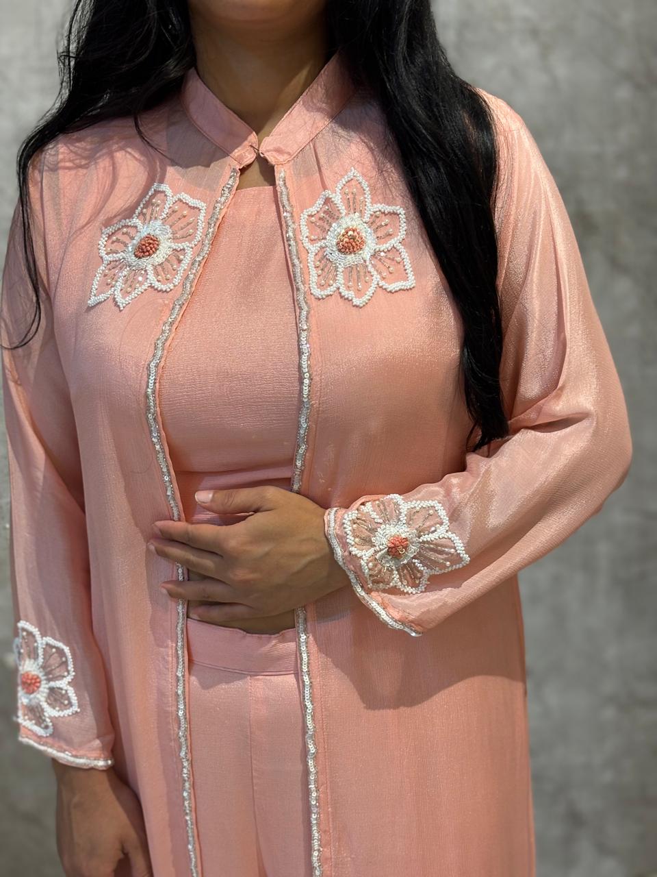 "PARI"  Peach Designer Kurtha 43 Set with Handwork Top, Palazoo and Jacket Indo-western cape