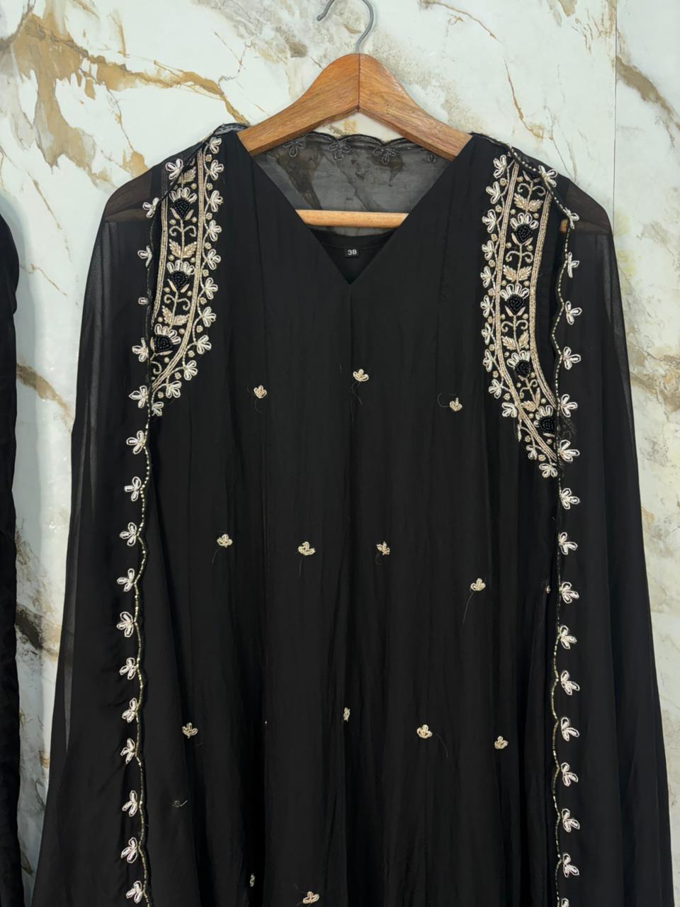 “Pani" Black Mul Chanderi Silk Anarkali Handwork Kurtha 515