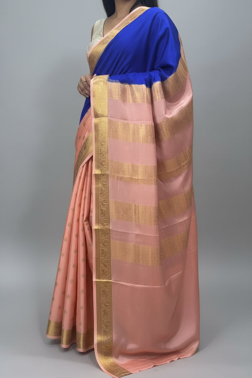 Blue n peach partly pallu pure Mysore silk saree PP106