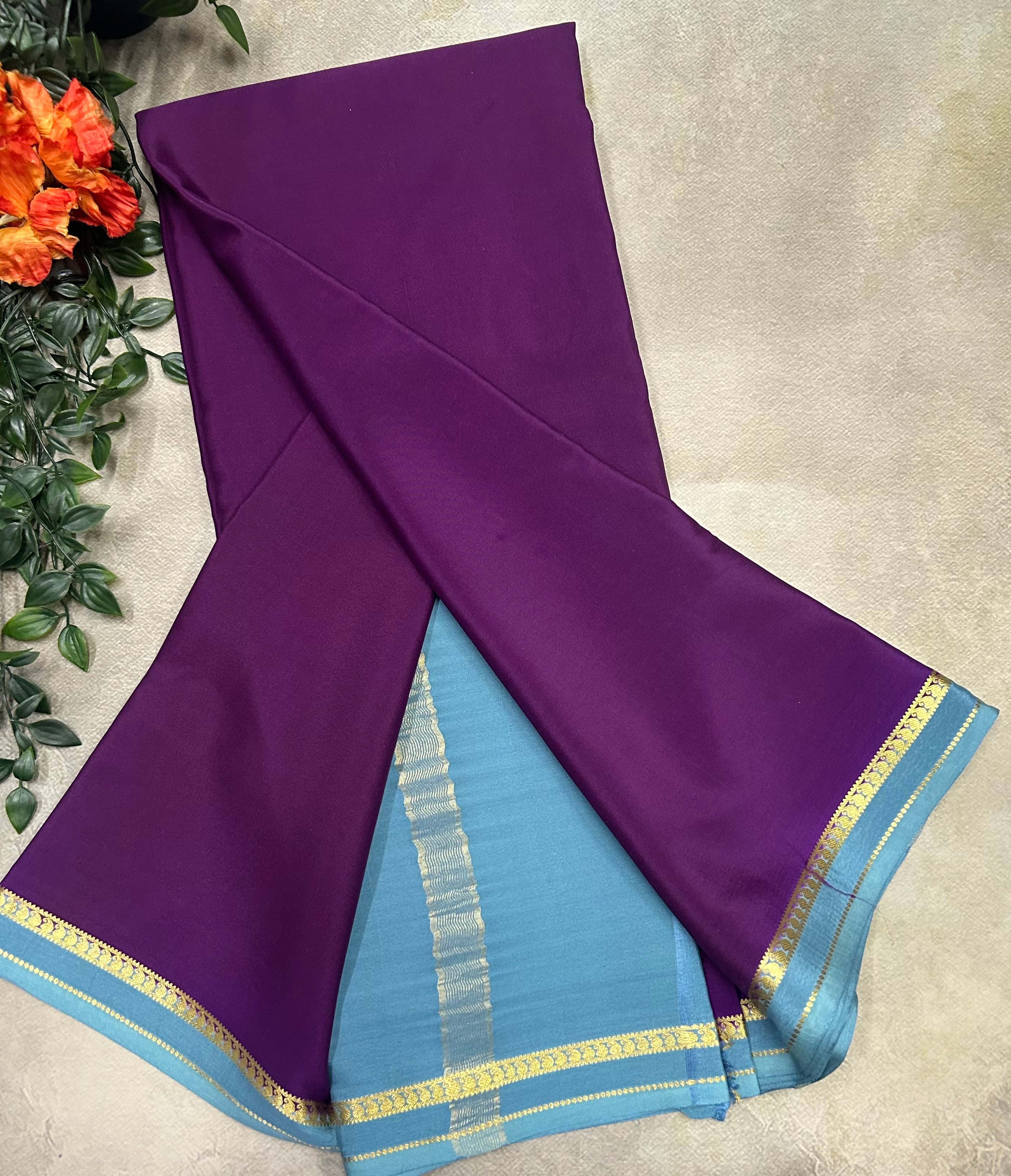 Dark purple small border pure Mysore silk 103 saree