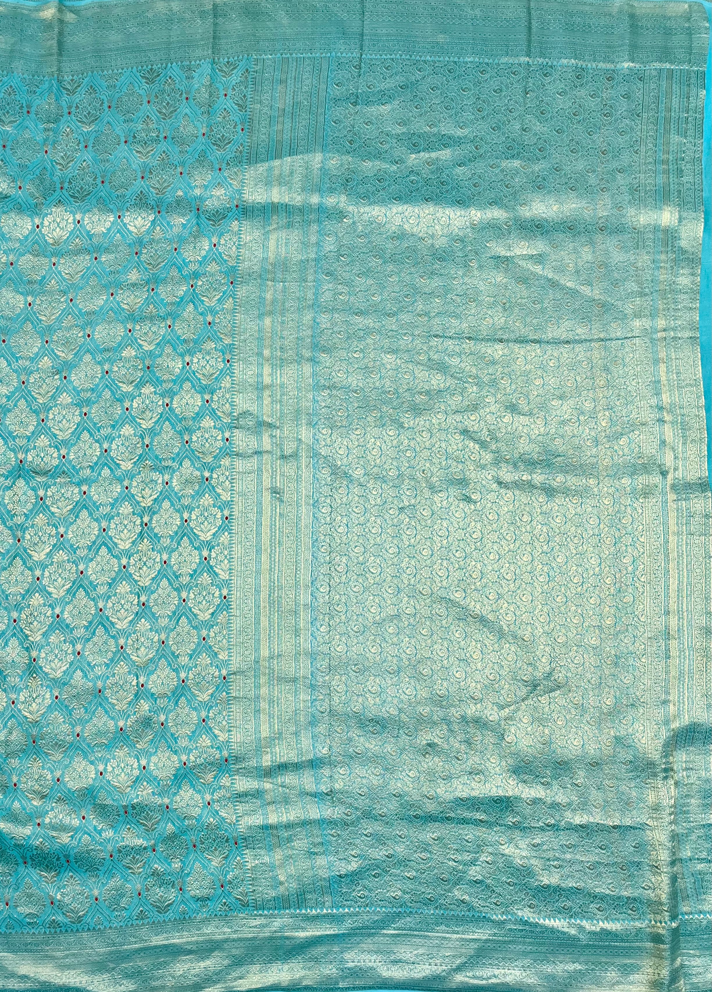 Teal blue brocade pure mysore silk 104 saree