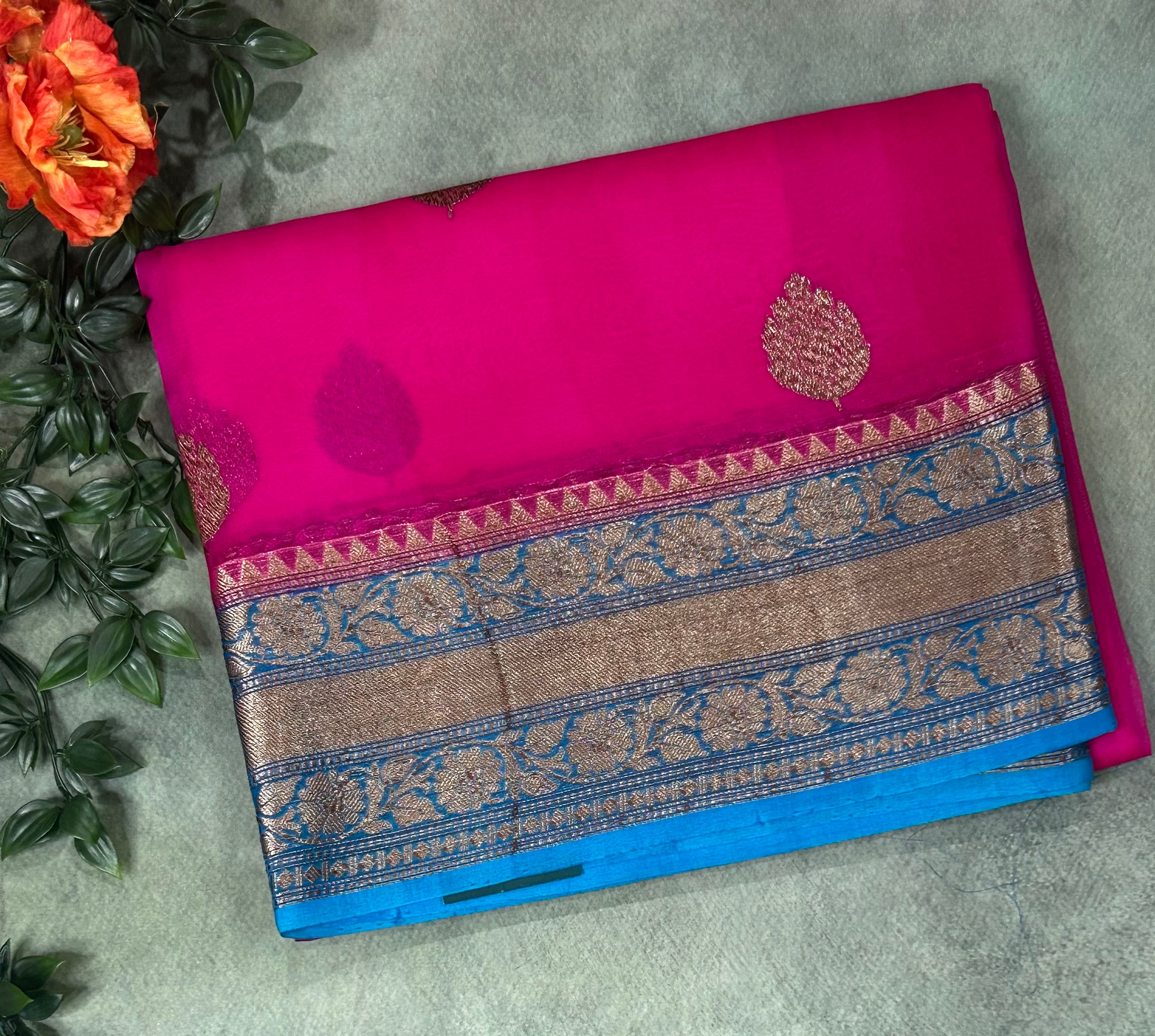 Pink n blue  pure kora organza silk saree