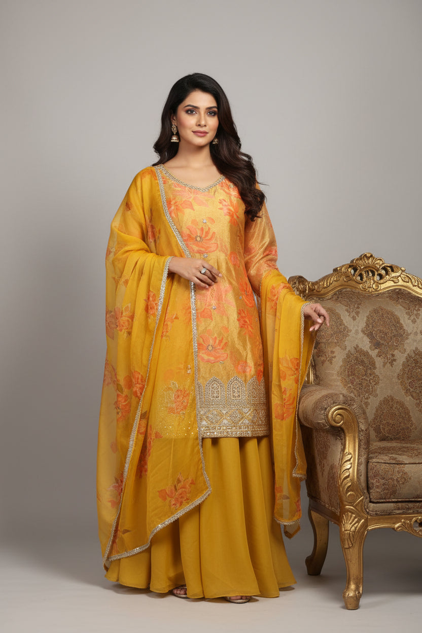 Yellow Chinnon Hand Embroidery Sharara Kurtha 301
