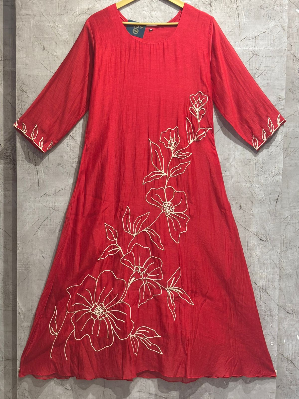 Red Mul Chanderi Thread Work Airline Kurtha