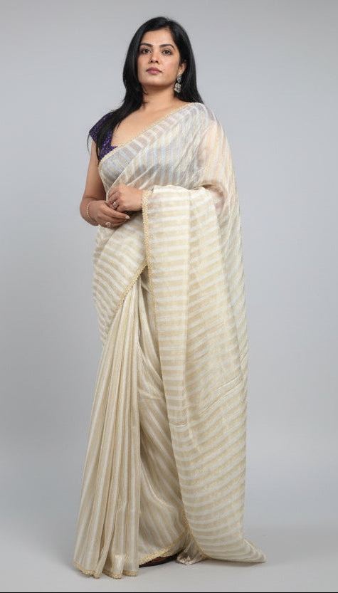 Cream tissue stripes 12 saree