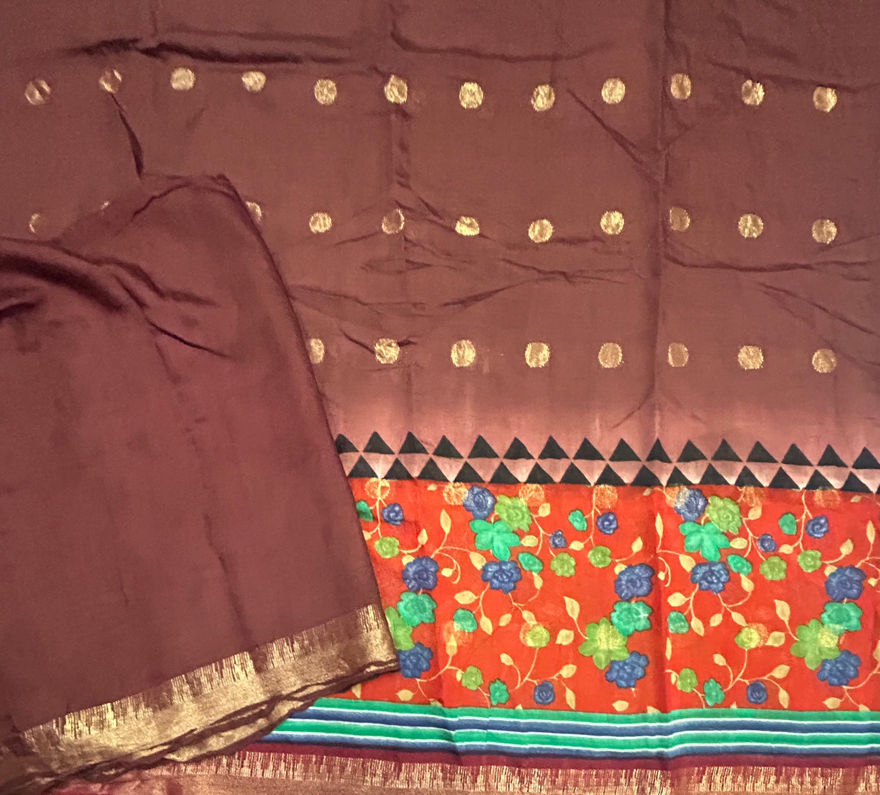 Brown kalamkari border soft Tussar crepe saree