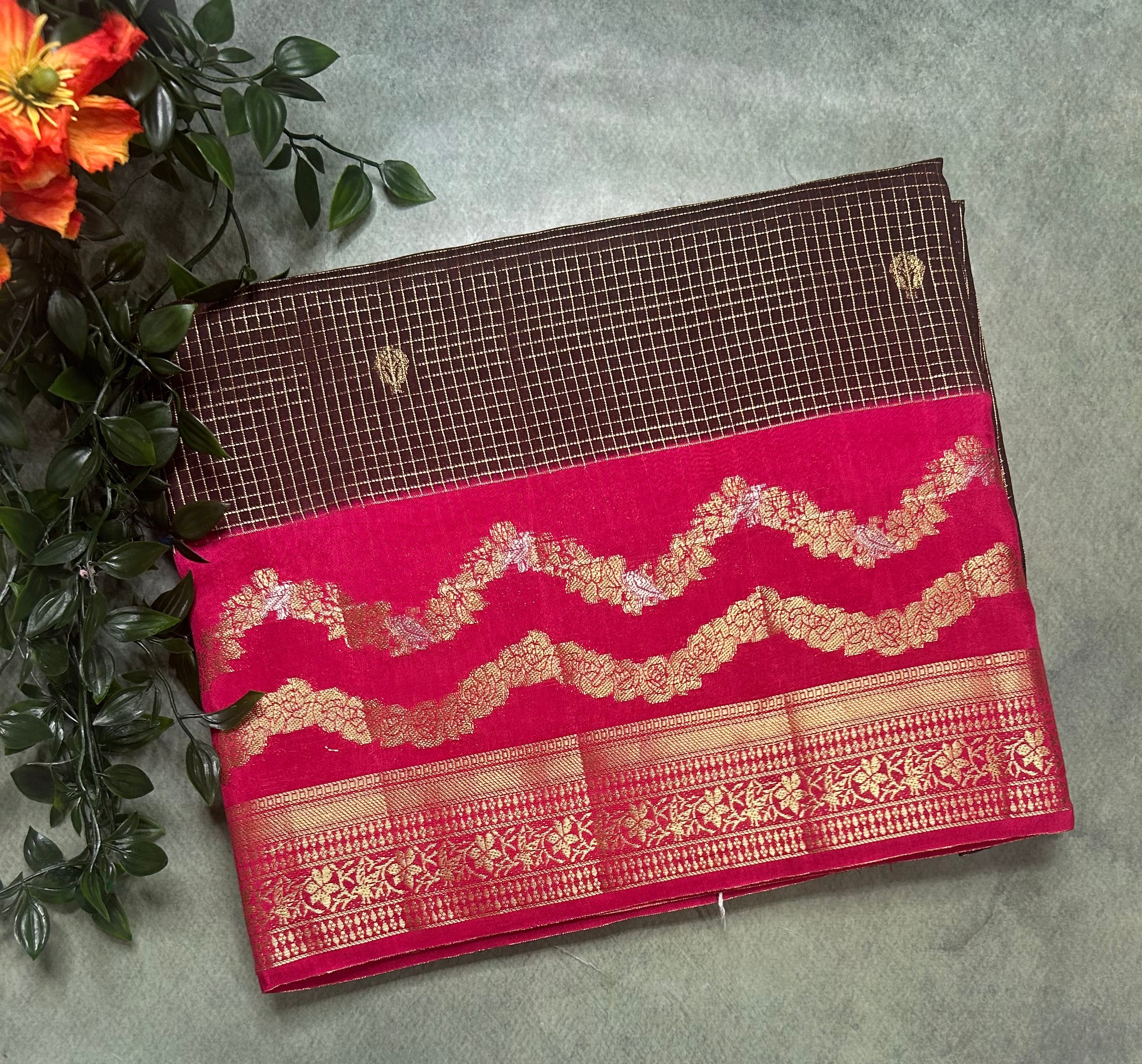 Brown small checks semi Mysore 105 saree