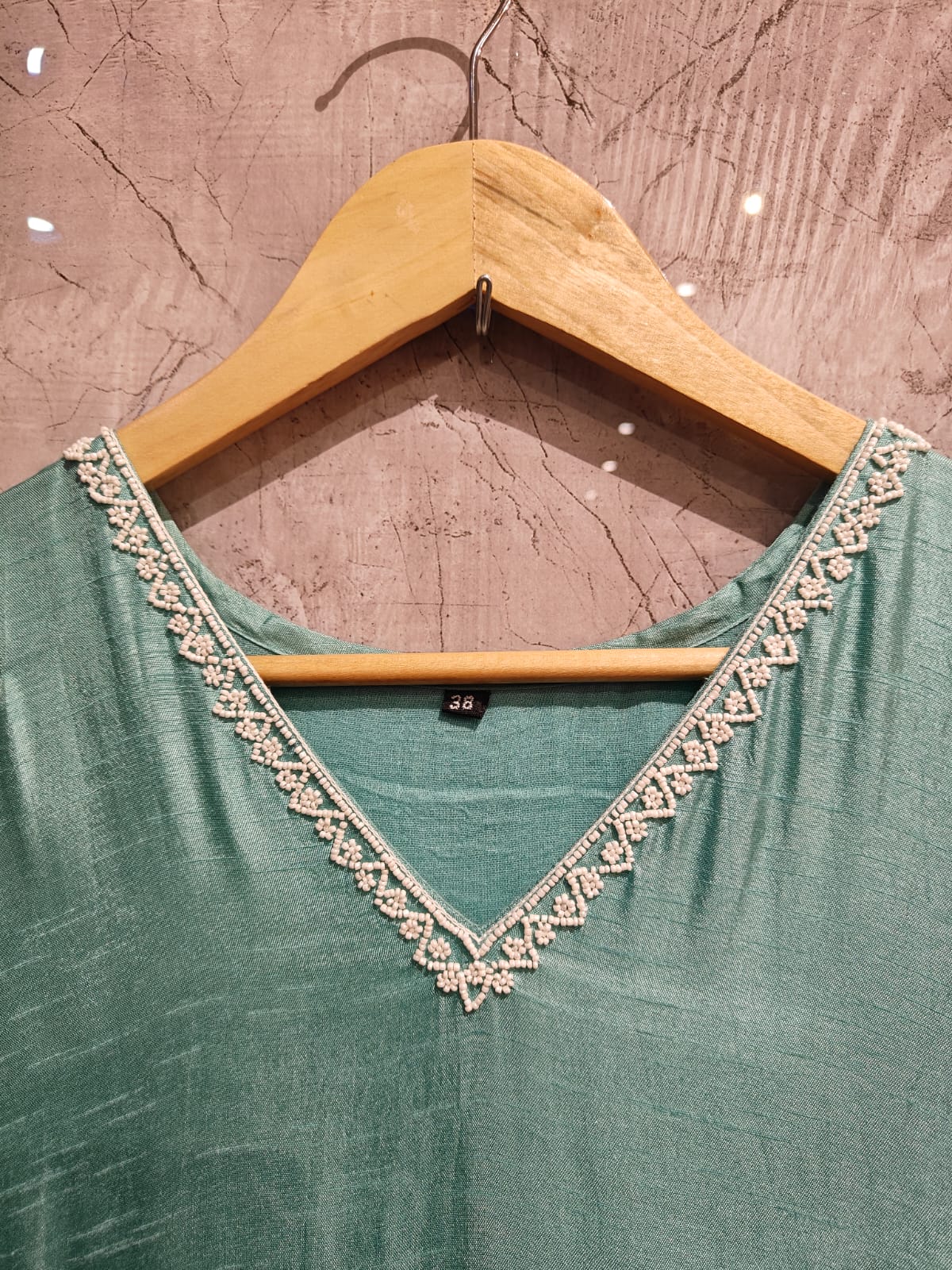 Sky blue Dola silk  Airline Pastel Kurtha with Pearl handwork embroidery work 511