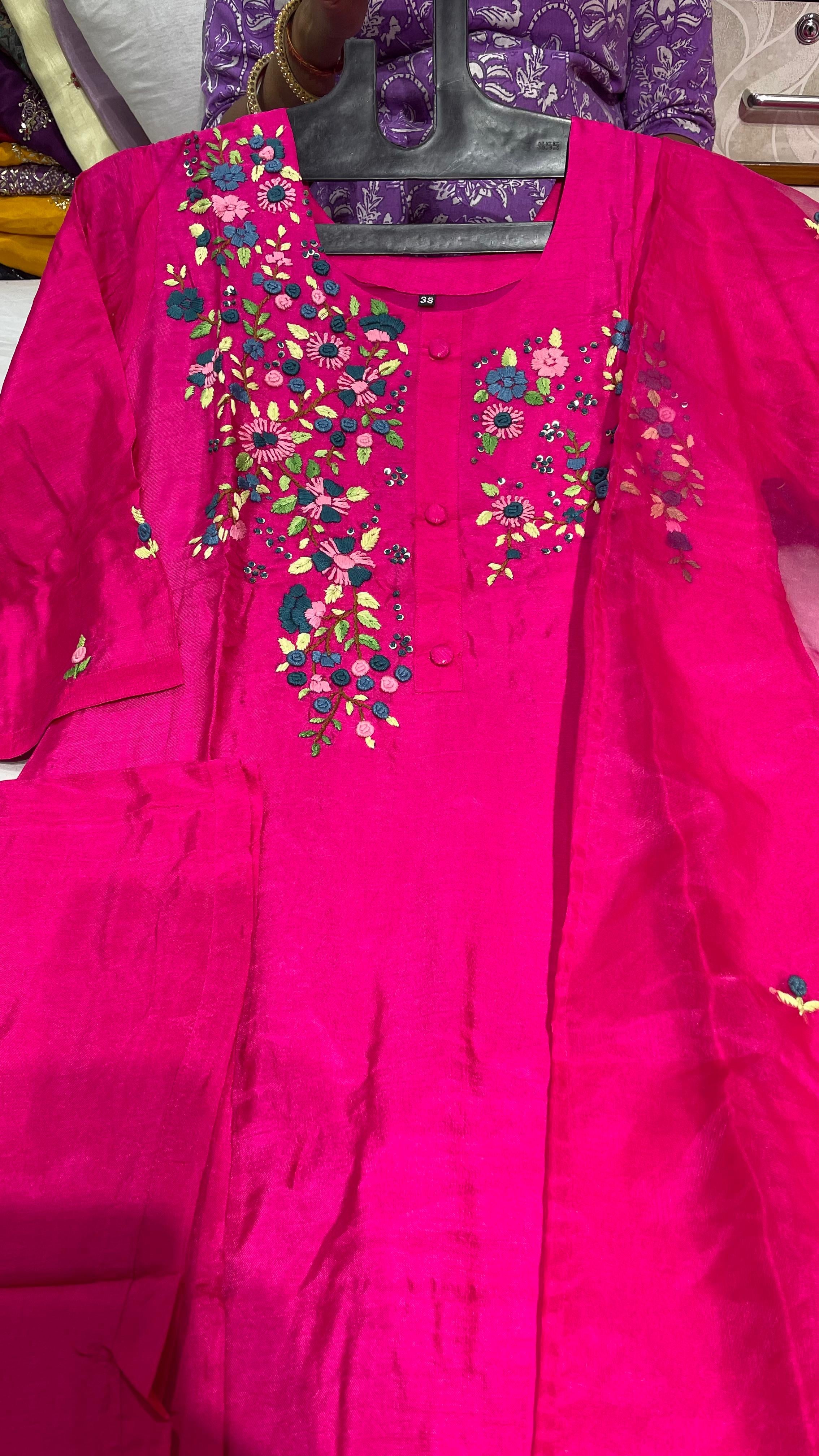 Pink thread work Designer Handwork kurtha