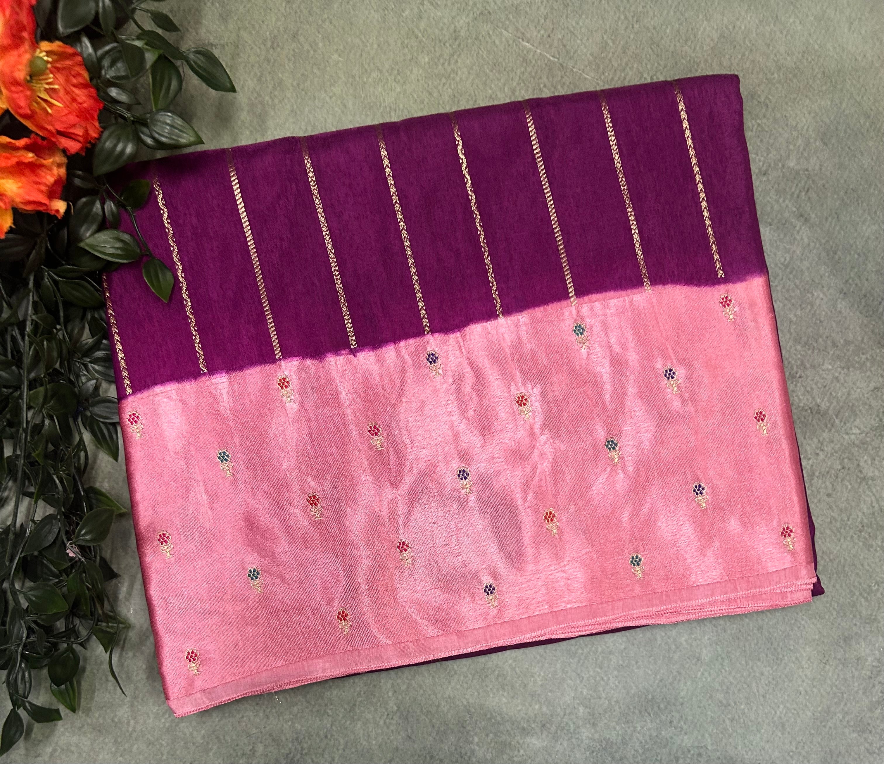 Purple contrast satin border semi Mysore crepe 105 saree