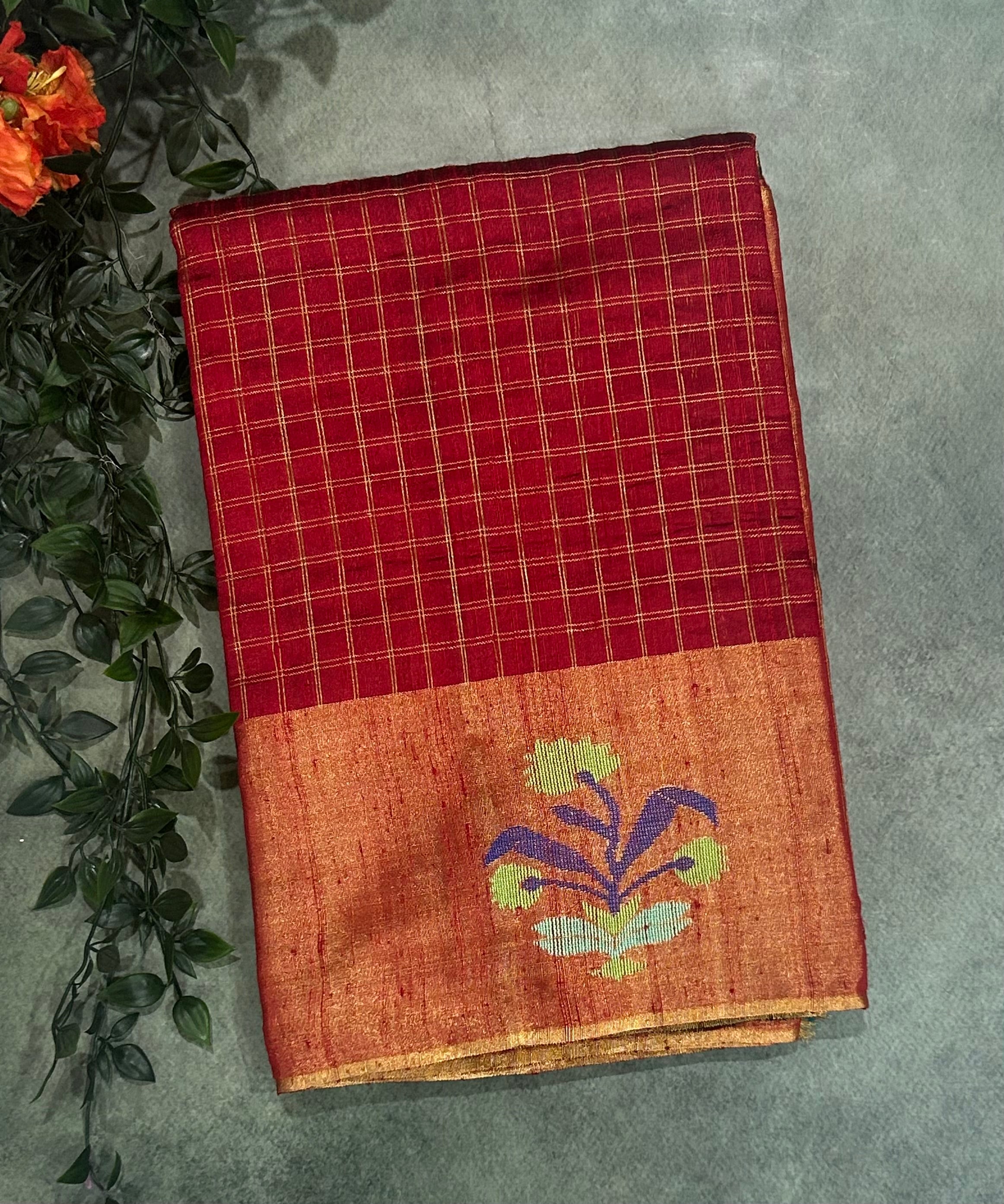 Red checks border Butta pure matka silk saree