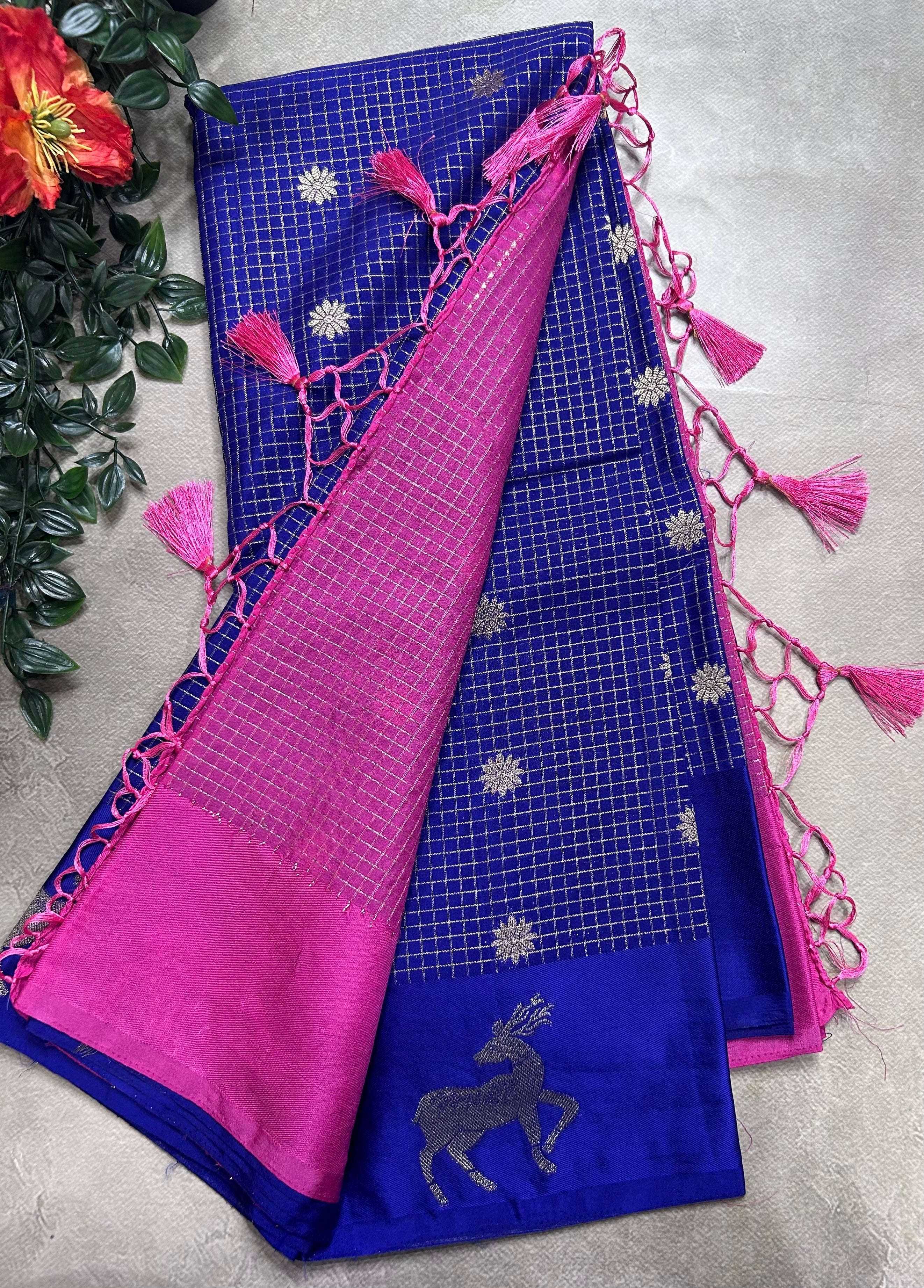 Royal blue small checks semi Mysore crepe 106 saree