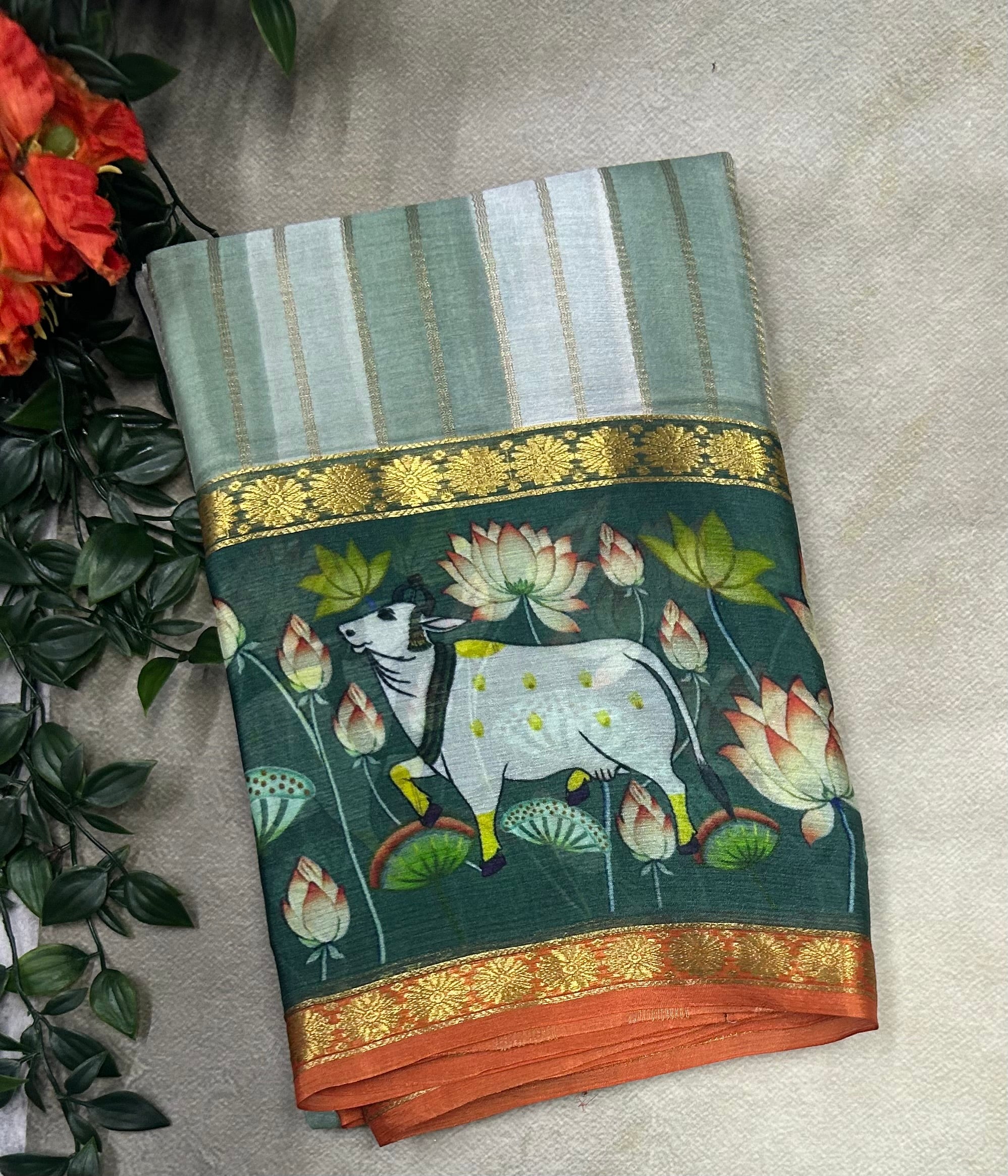 Rankart kalamkari border pure wrinkle 103 crepe silk saree