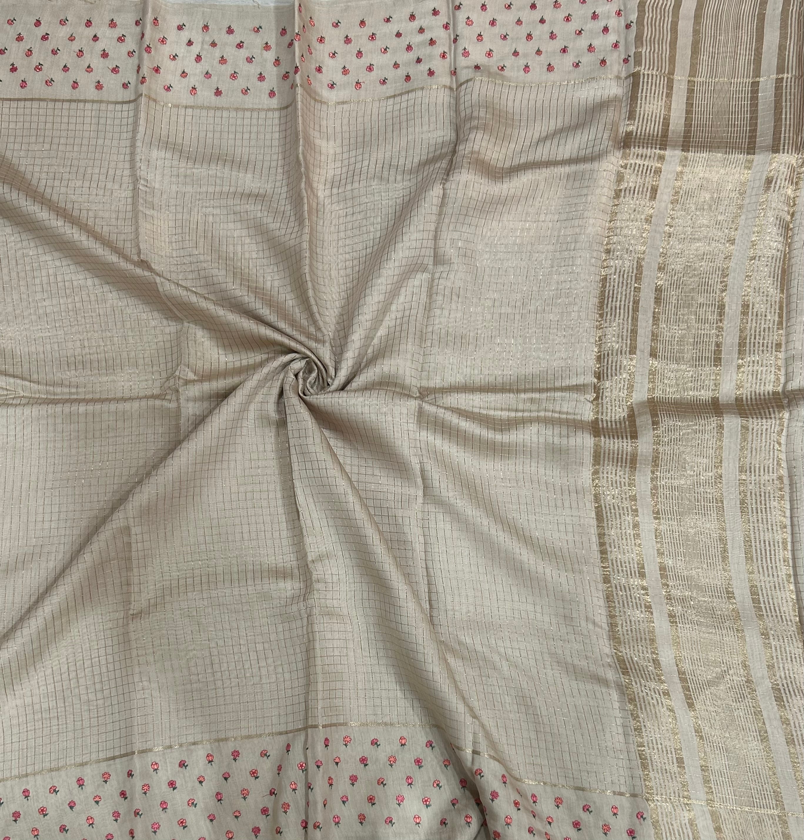 Beige checks embrodiery butta border soft tussar crepe 104 saree