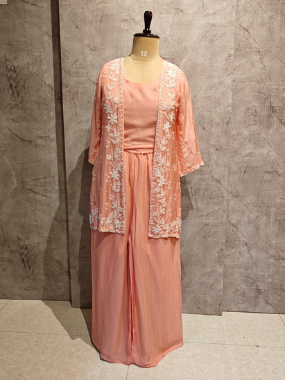 "PARI" Peach Designer Kurtha 43 Set with pearl handwork   Top, Palazoo and Jacket Indo-western cape