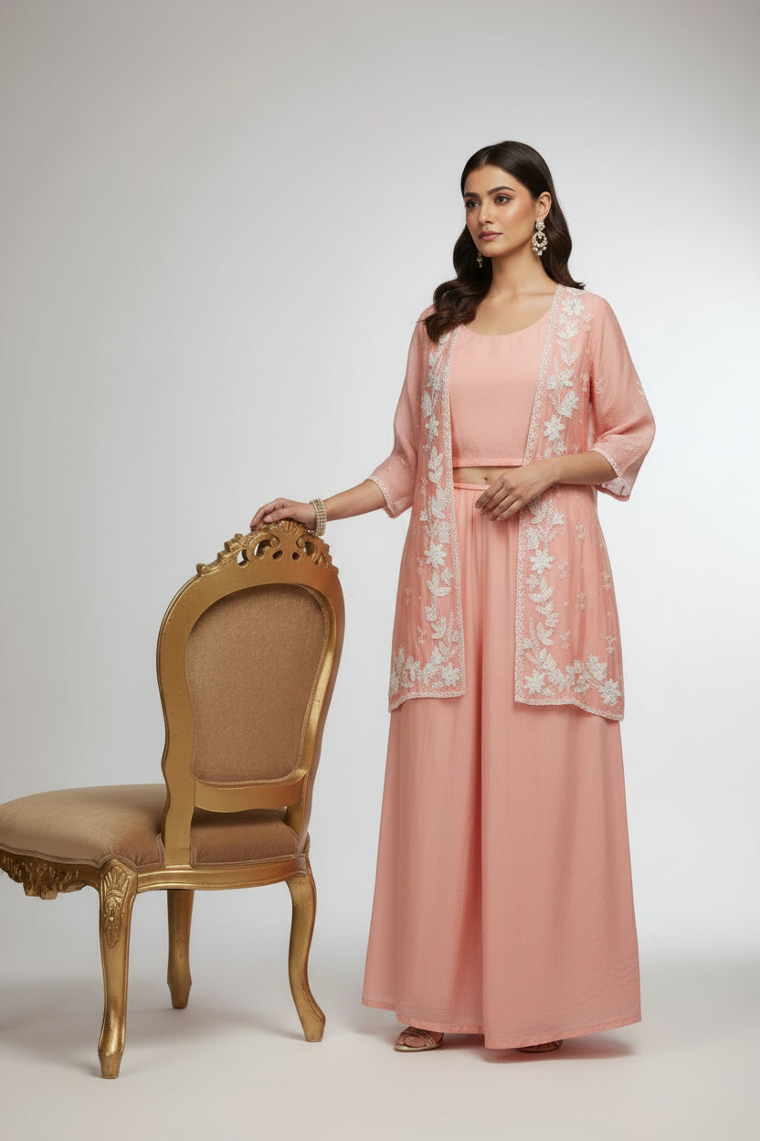 "PARI" Peach Designer Kurtha 43 Set with pearl handwork   Top, Palazoo and Jacket Indo-western cape