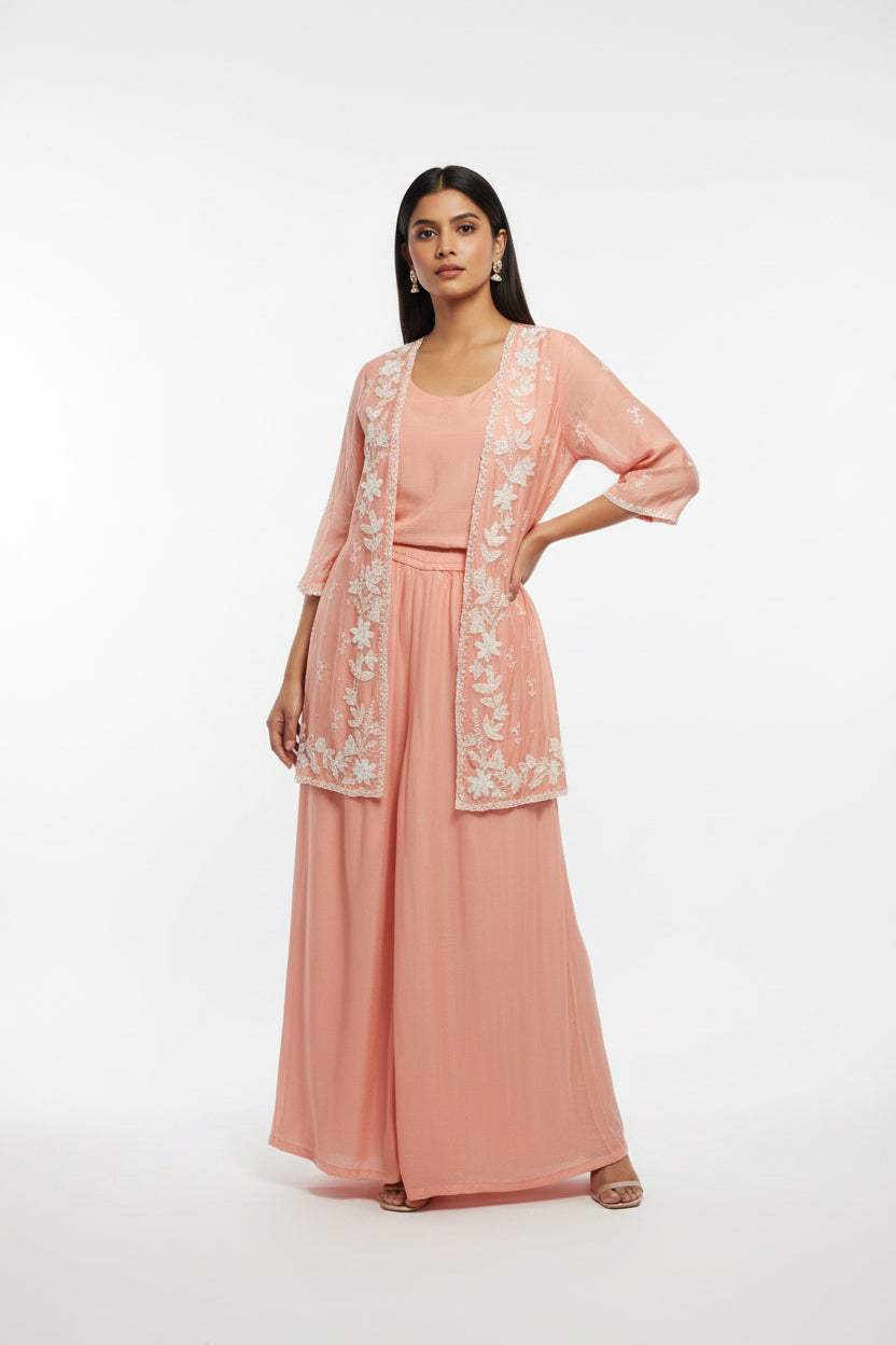 "PARI" Peach Designer Kurtha 43 Set with pearl handwork   Top, Palazoo and Jacket Indo-western cape