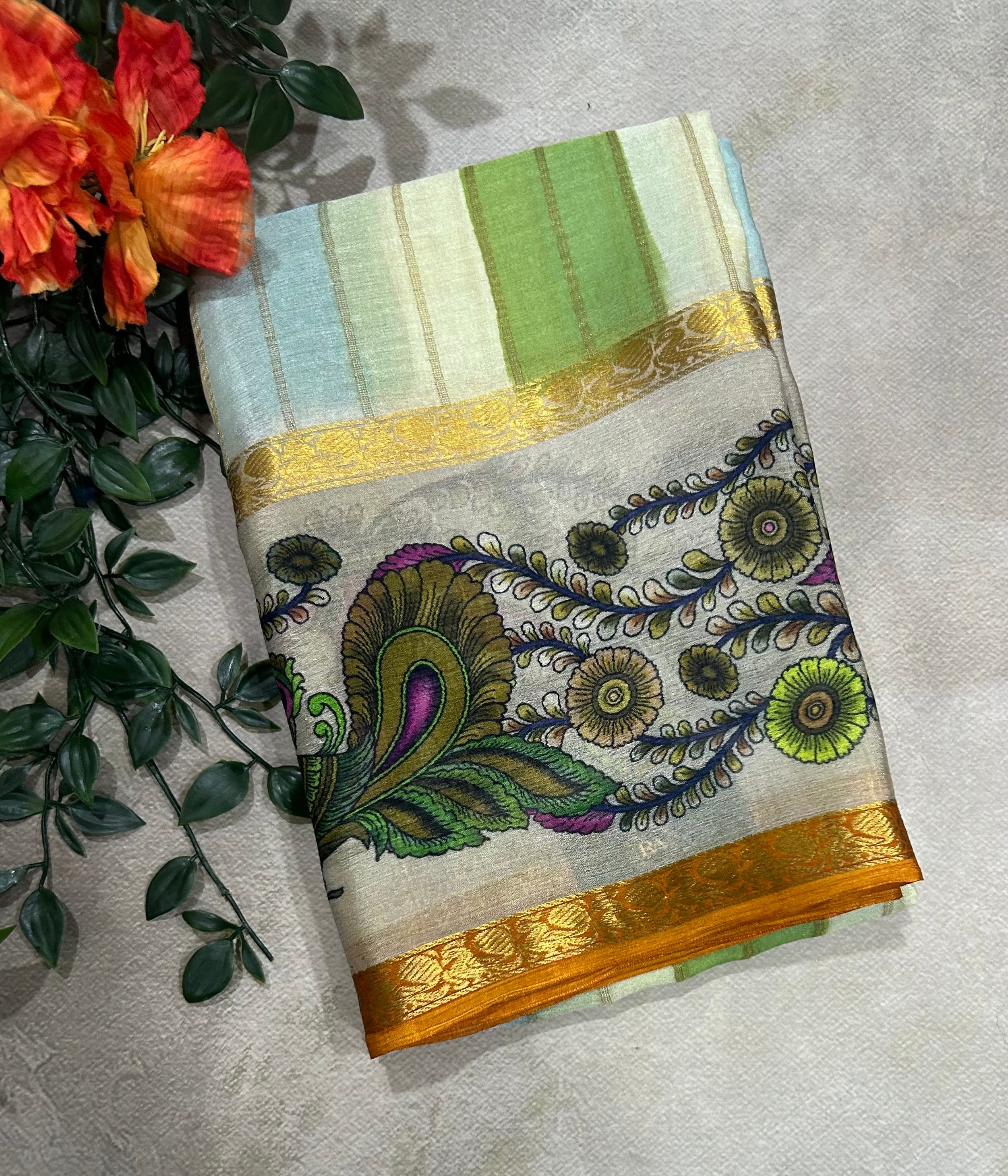 Rankart kalamkari border pure wrinkle 103 crepe silk saree