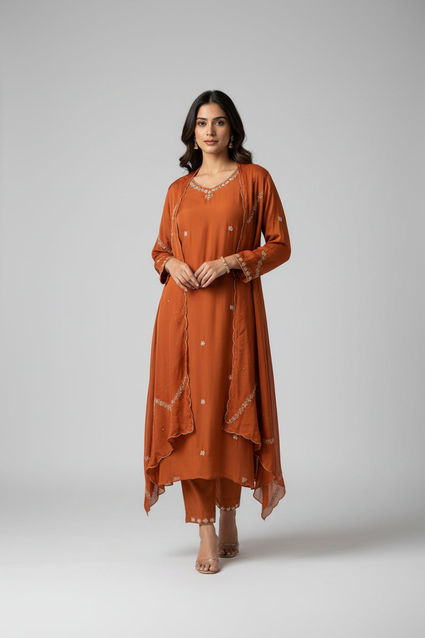 Orange Chanderi Thread Embroidery Airline Kurtha 284