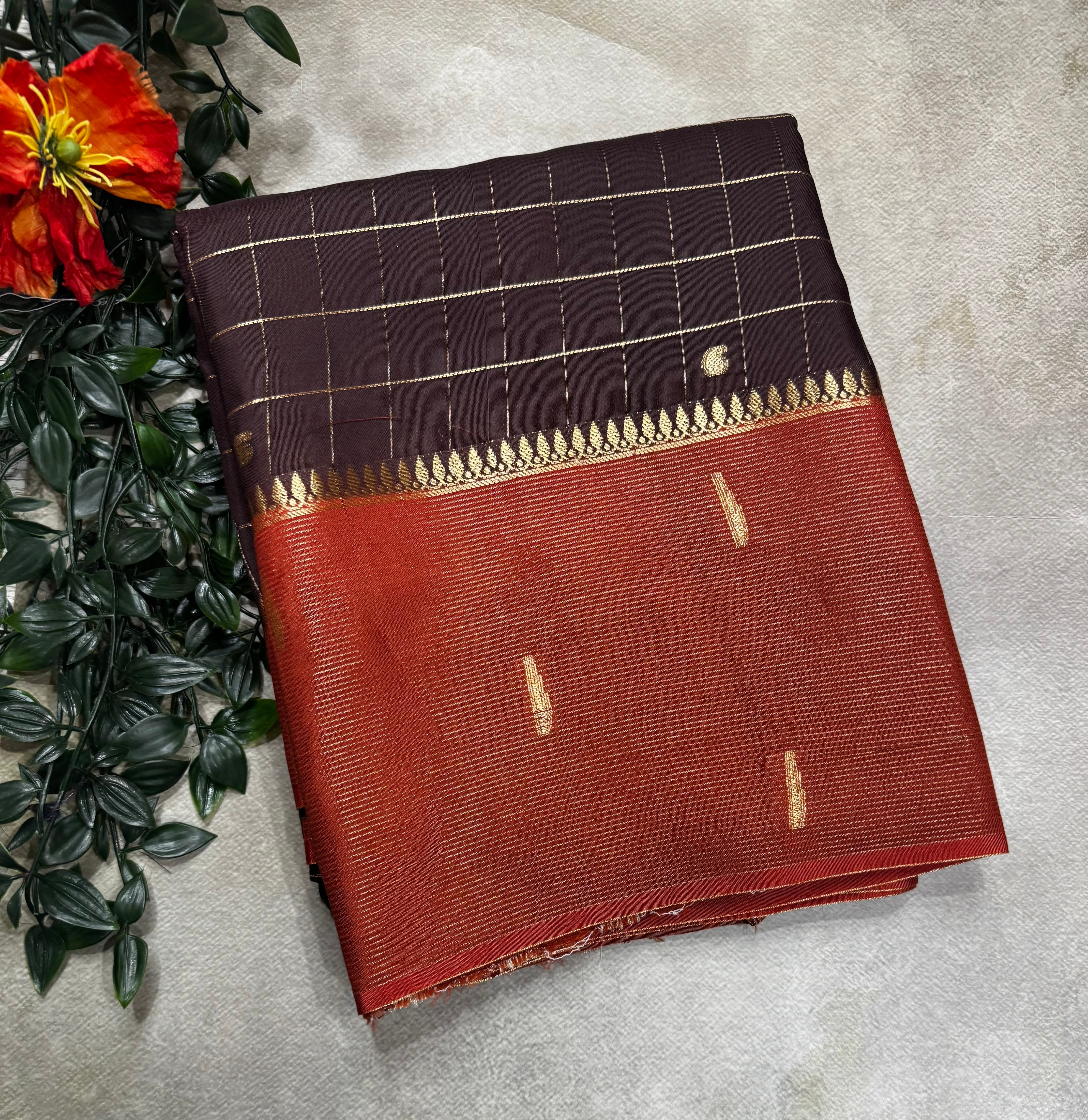 Brown checks semi Mysore crepe 106 saree