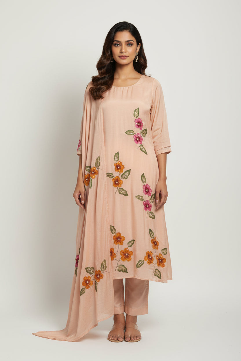 Beige Hand Embroidery Crepe Airline Kurtha 765