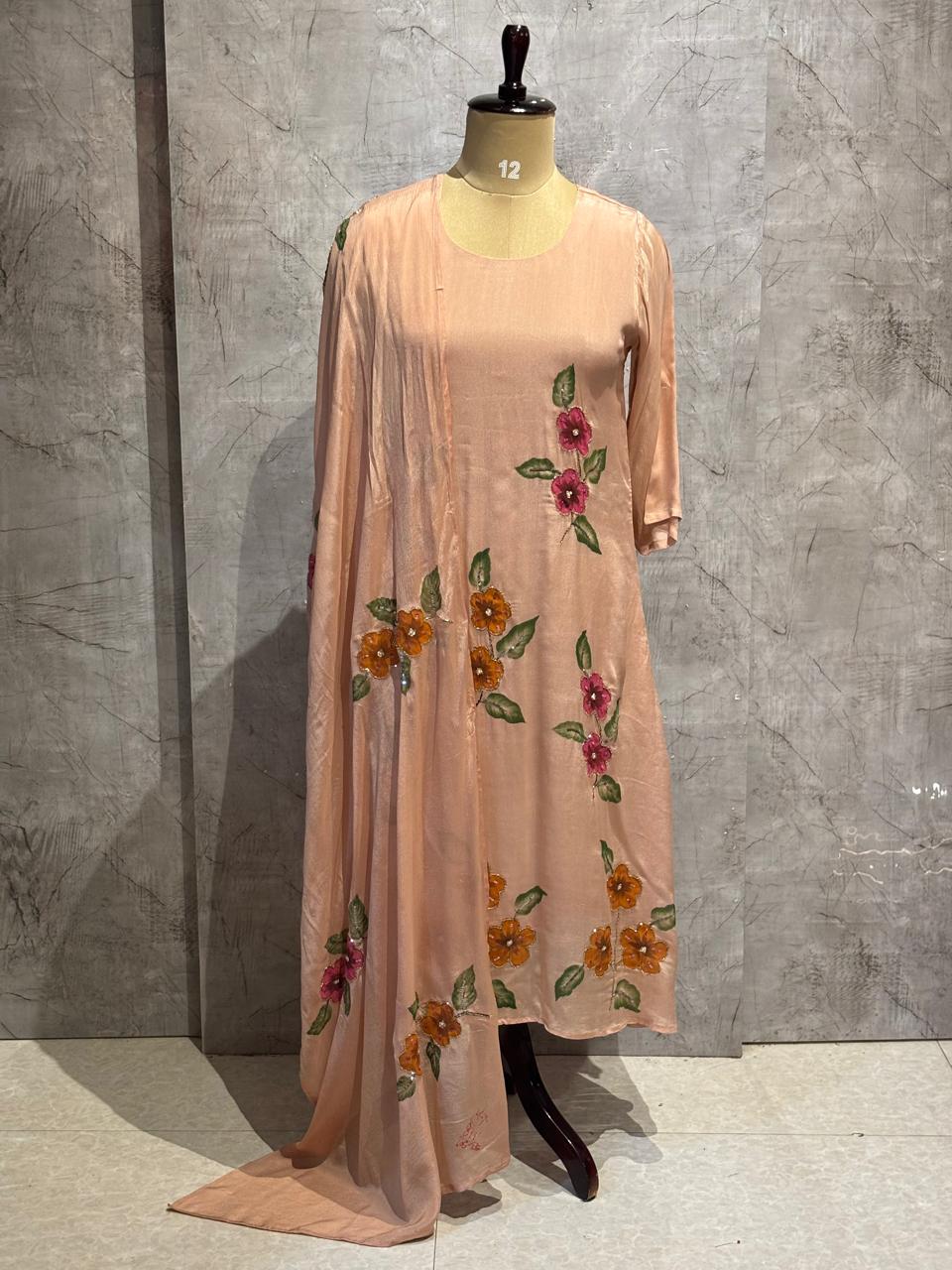 Beige Hand Embroidery Crepe Airline Kurtha 765