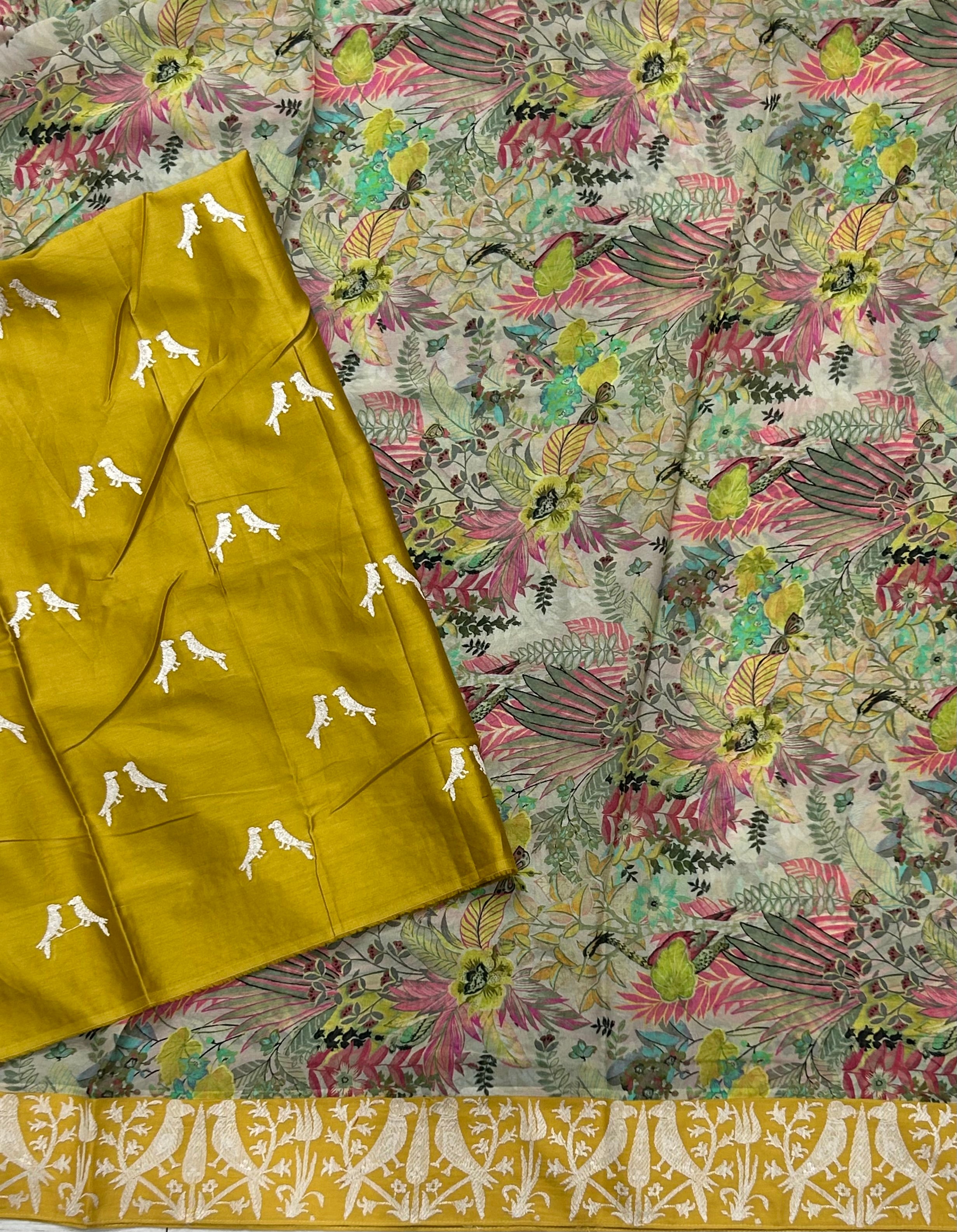 Cream n yellow digital printed border 104 chinnon saree
