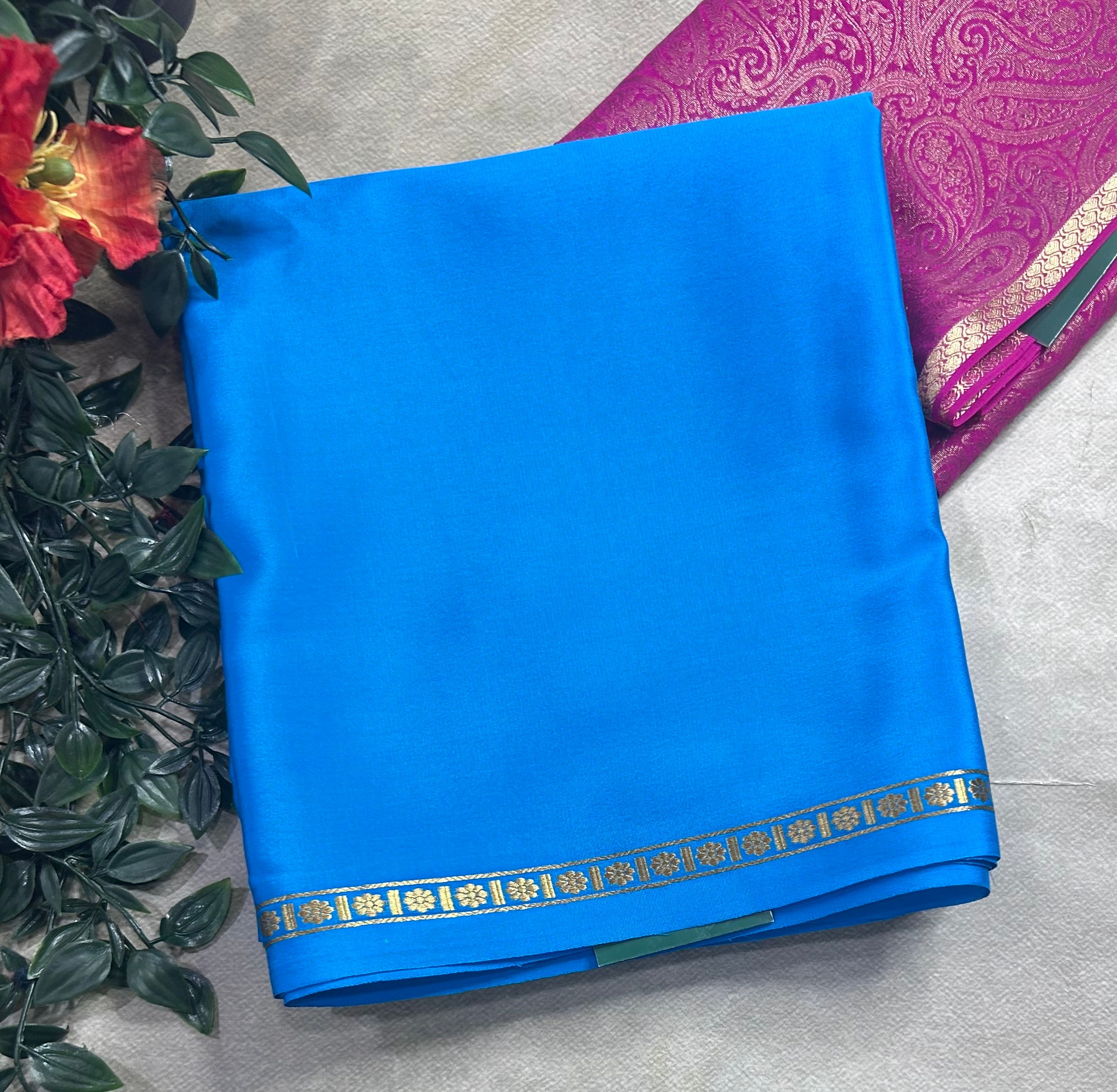 Blue plain pure mysore crepe silk saree with Mysore brocade blouse piece(MSM106)