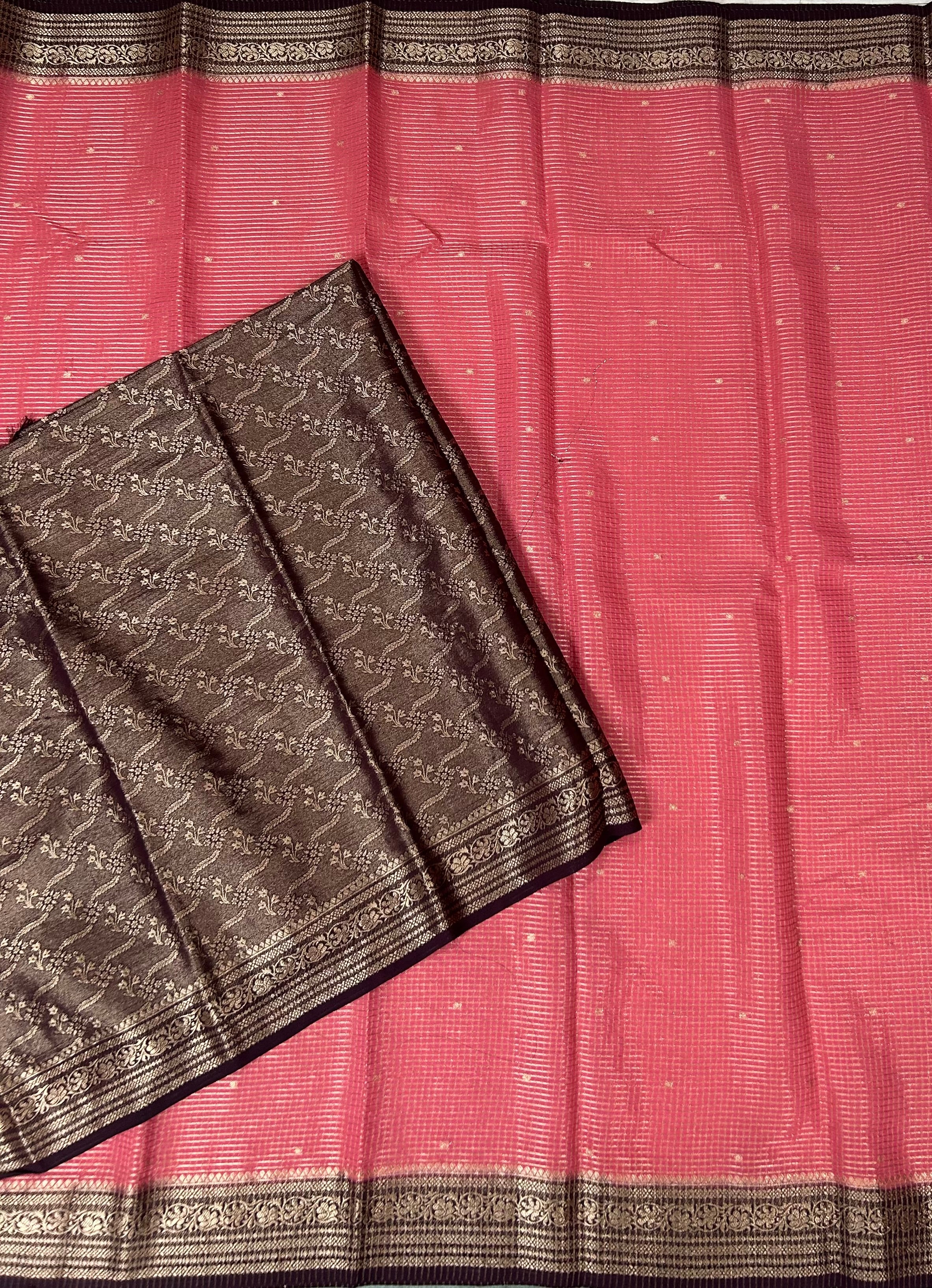 Light pink small checks semi mysore crepe-12 saree