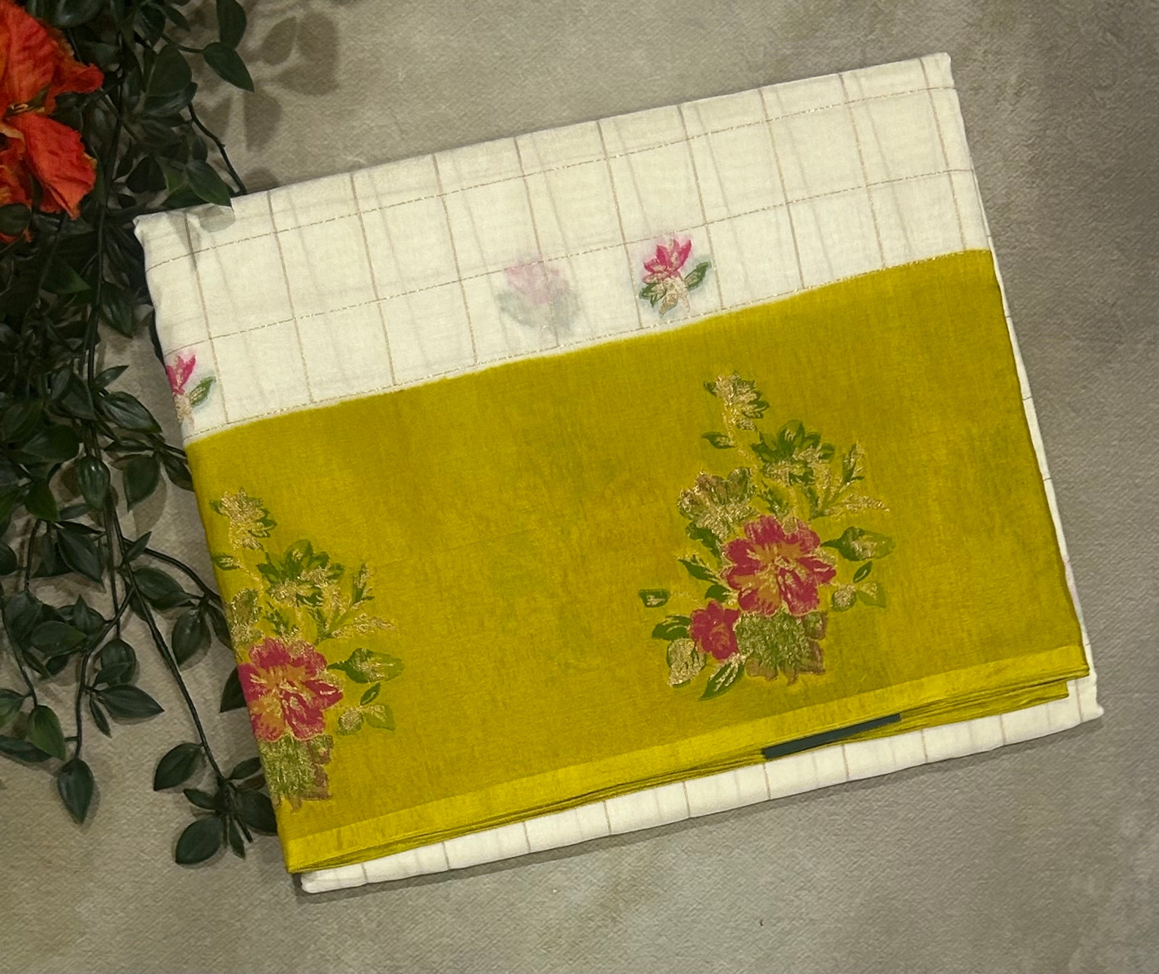 Cream n mustard yellow checks dola crepe 104 saree