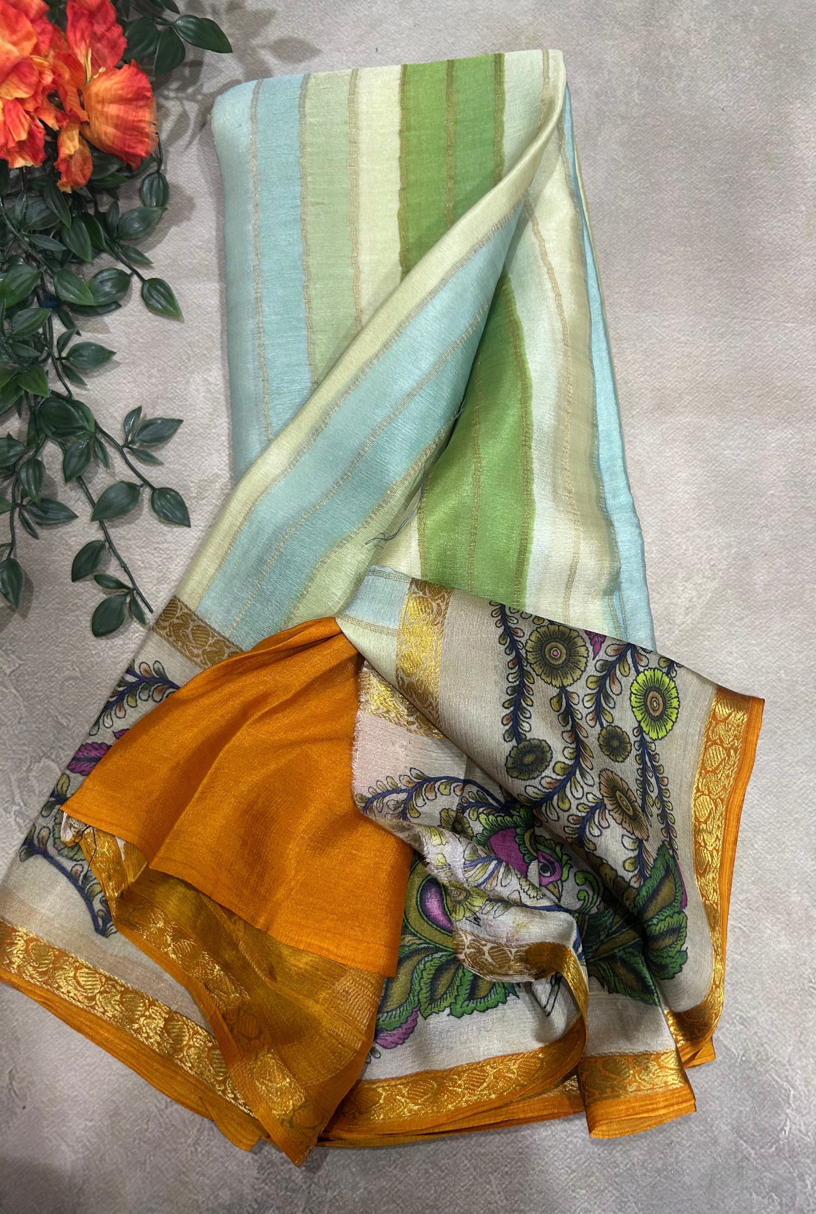 Rankart kalamkari border pure wrinkle 103 crepe silk saree