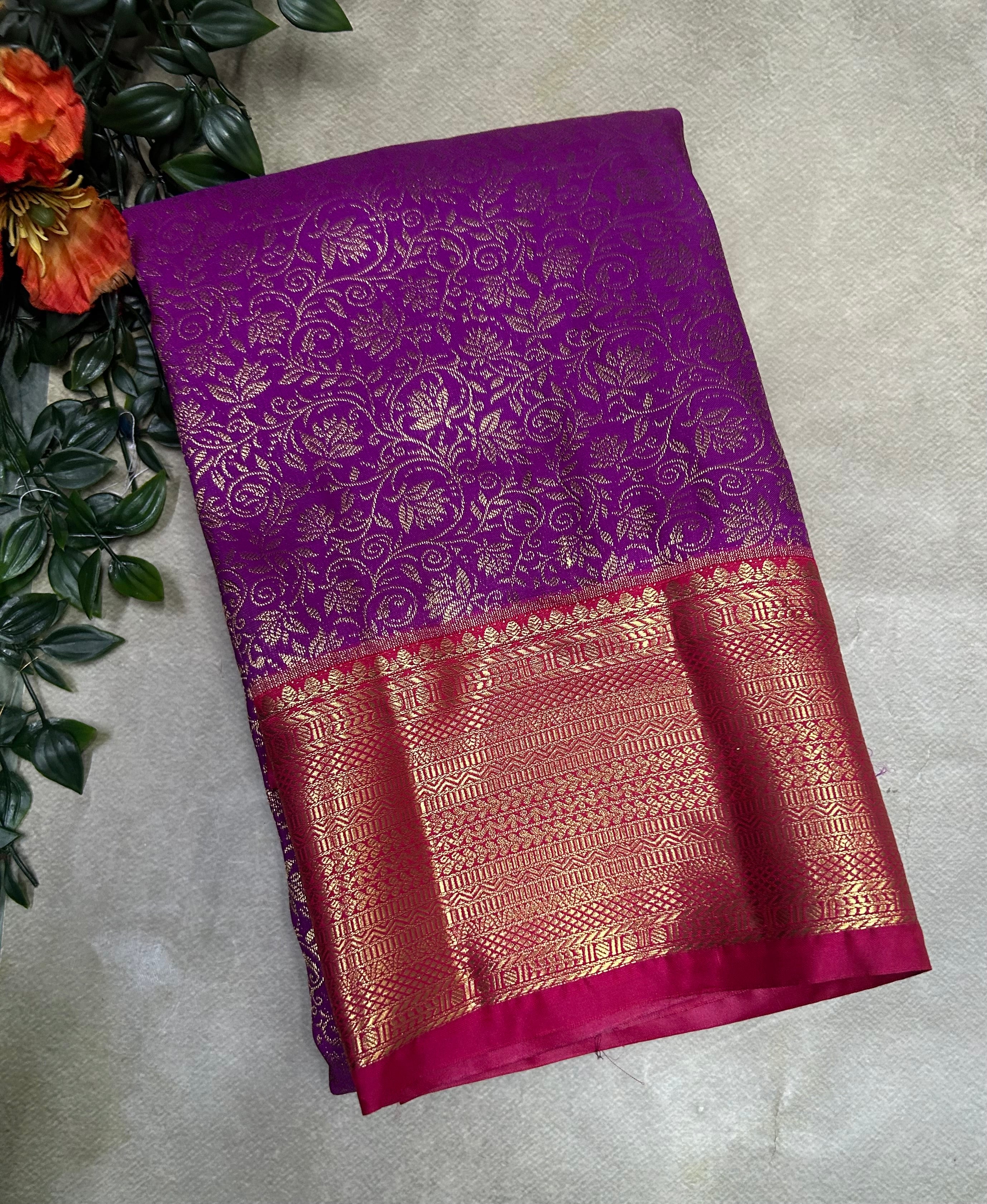 Purple brocade small border semi Kanchi-105 saree