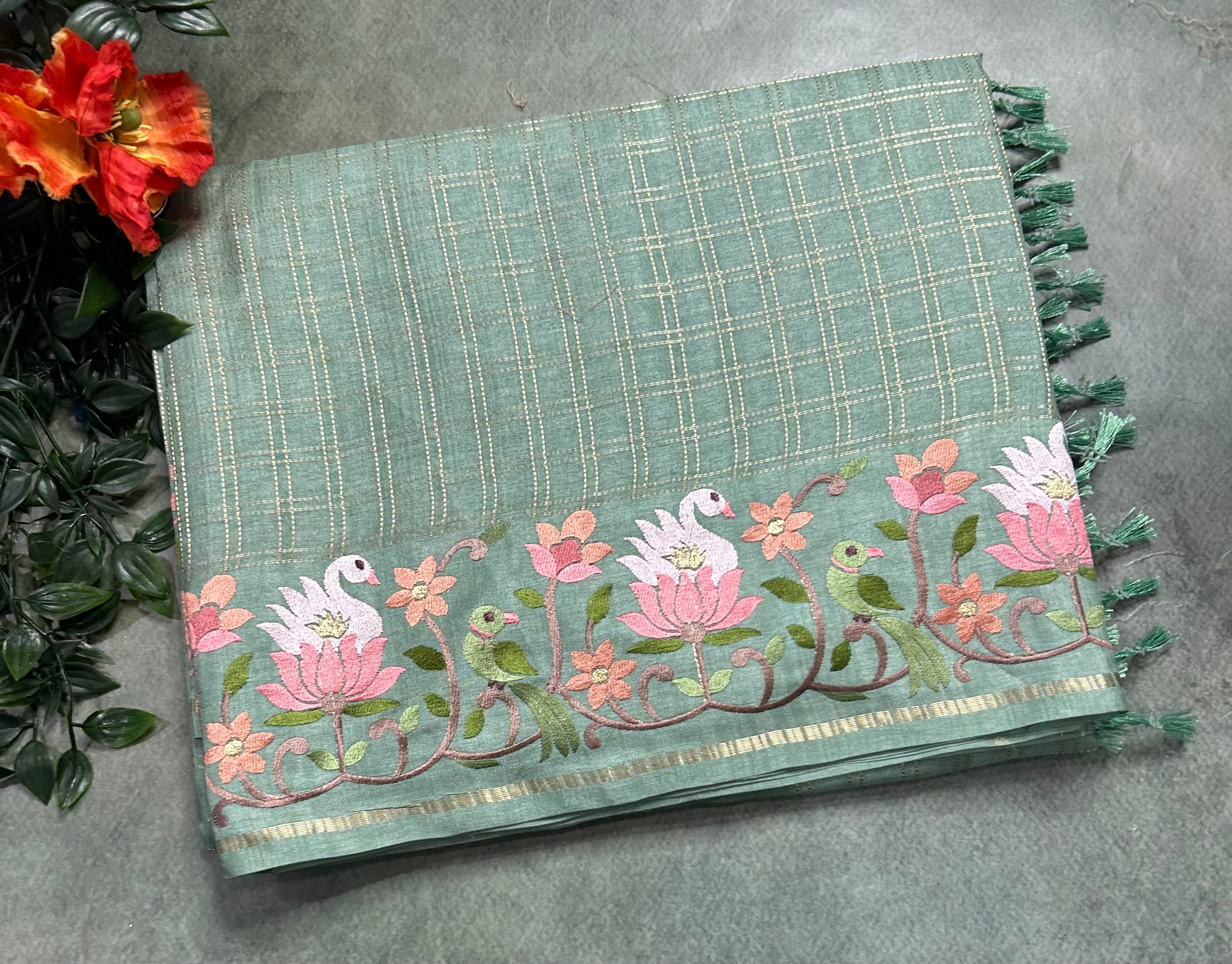 Sea green checks embroidery border semi Tussar 105 saree
