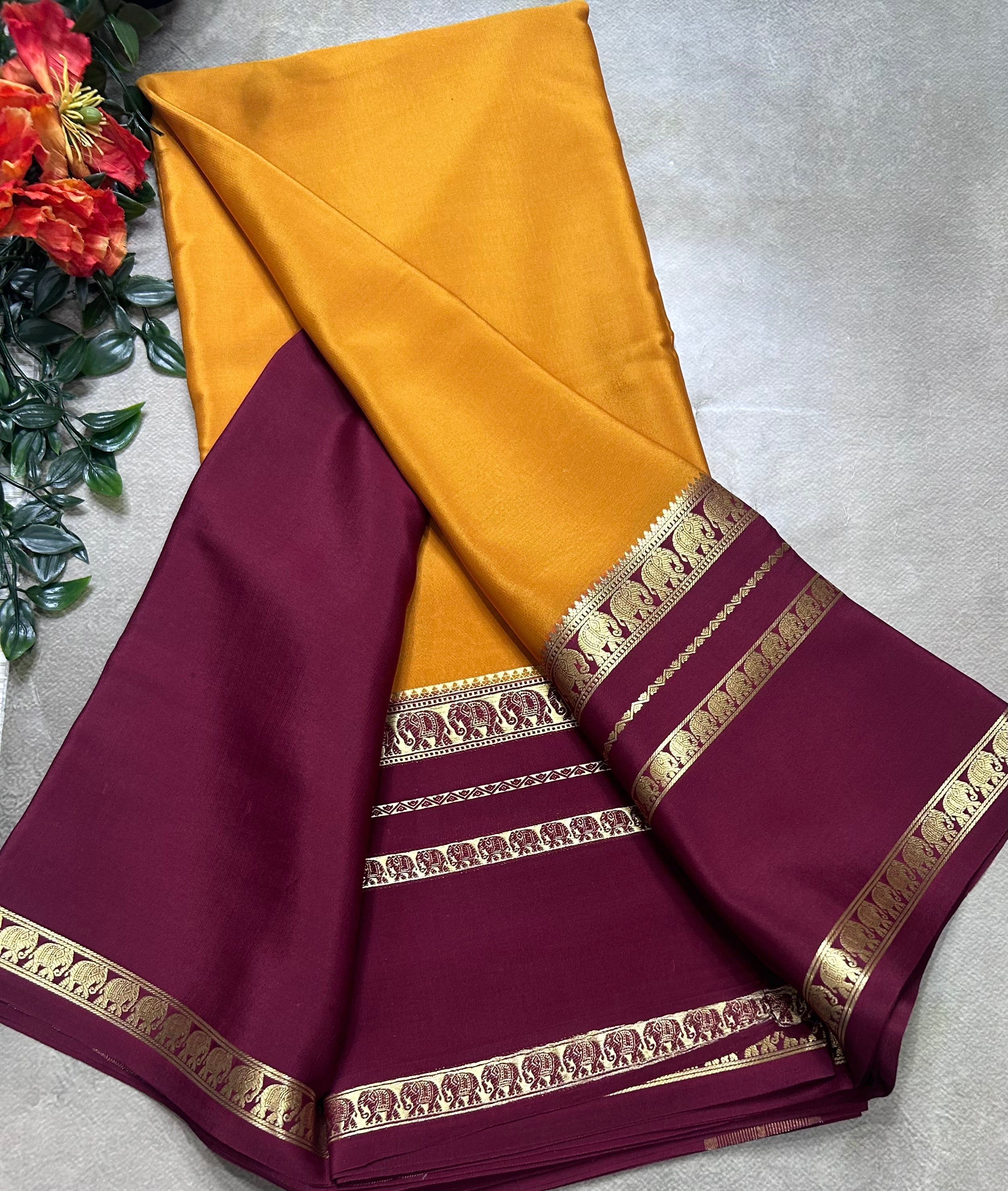 Dark mustard Yellow bentex border pure mysore silk saree(YMS106)