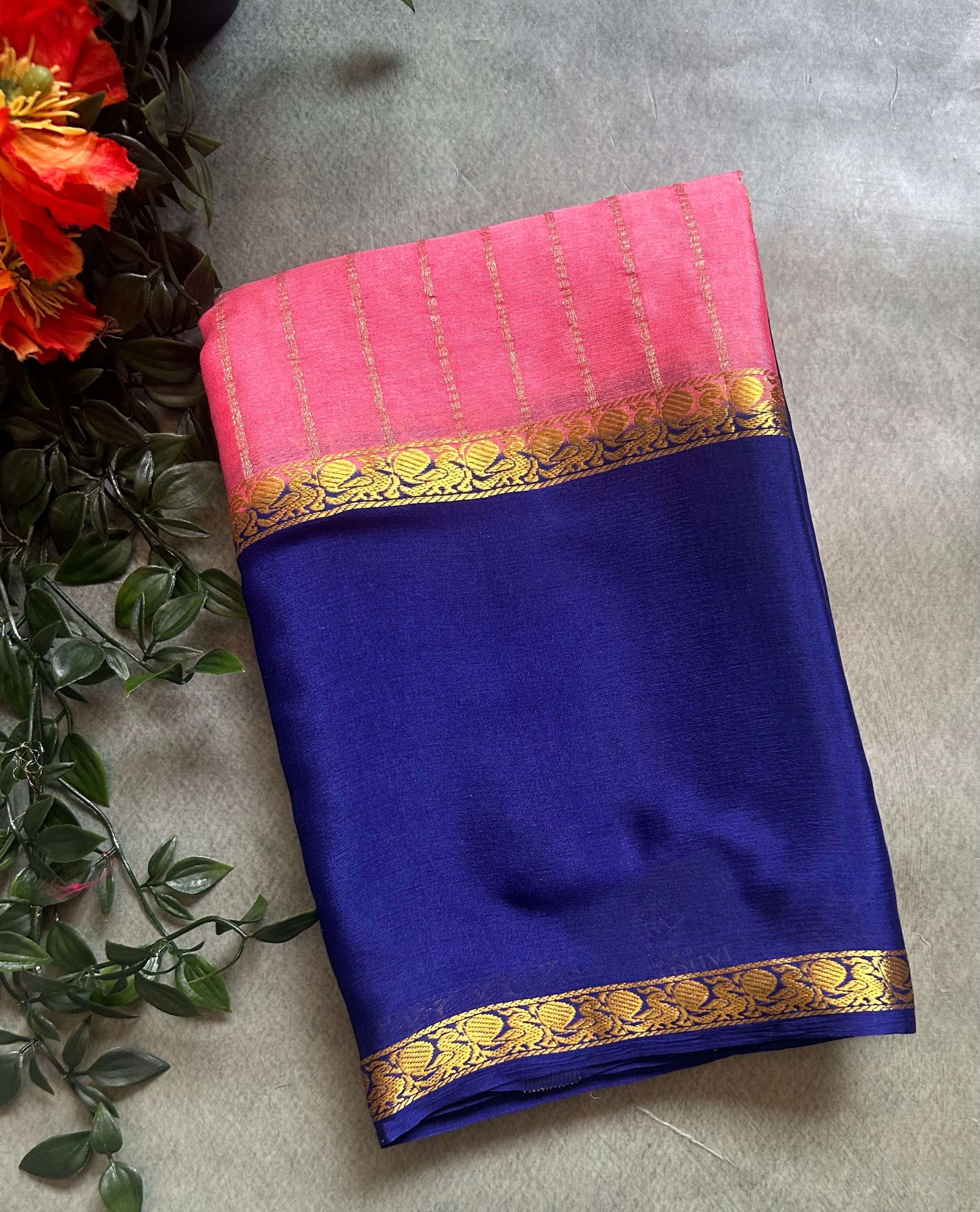 Light pink n navy blue pure wrinkle 103 crepe silk saree