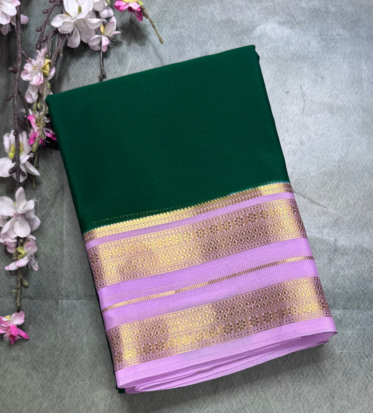 Bottle green long border pure Mysore silk saree