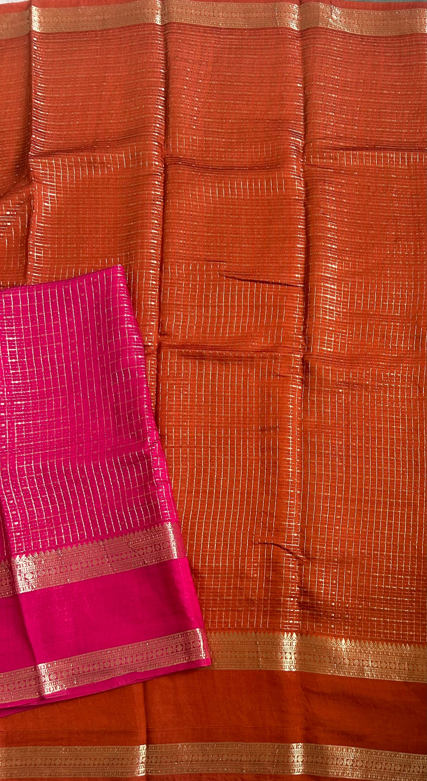 Rust orange small checks soft Tussar 03 crepe saree