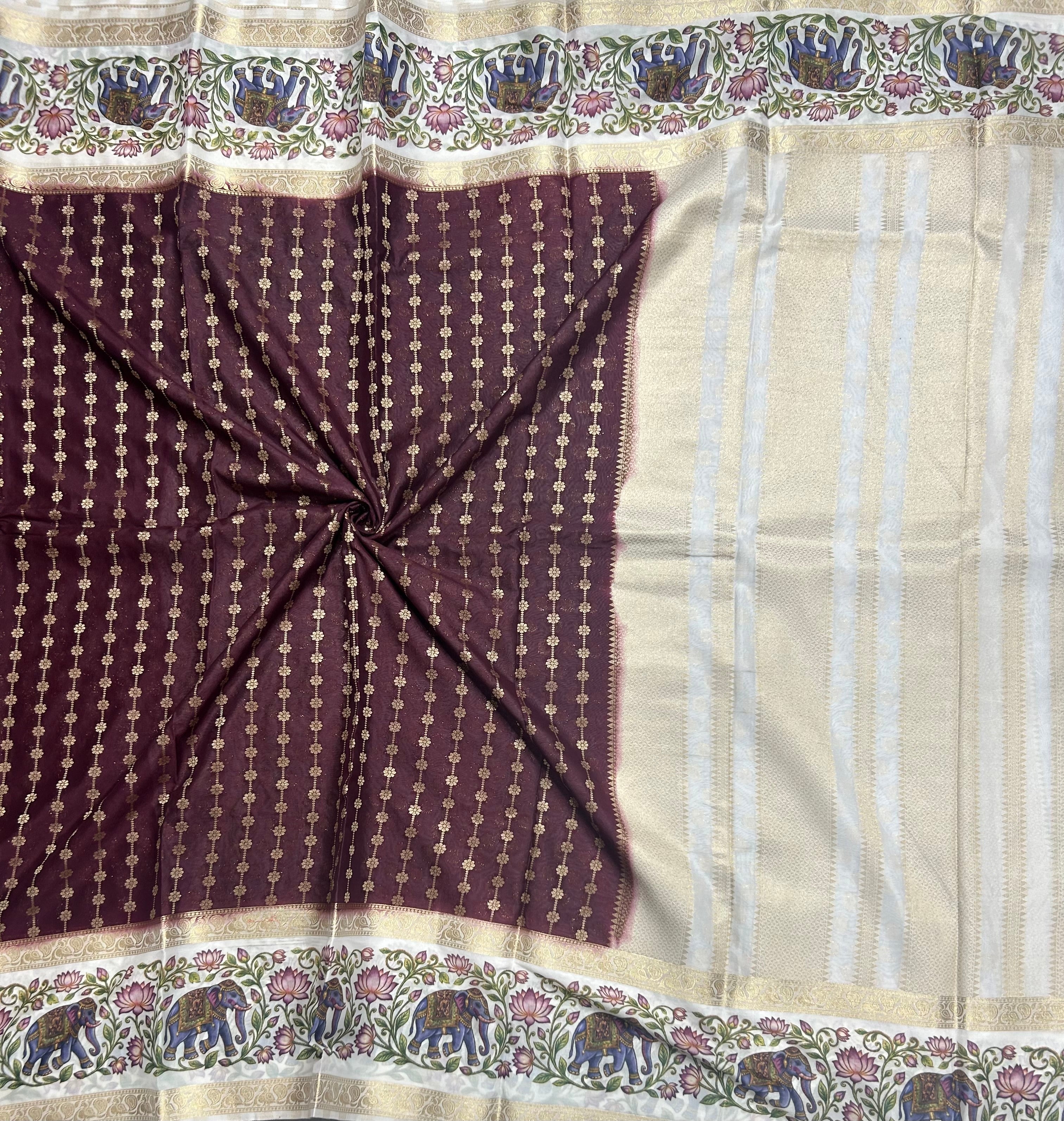 Wine bentex border printed semi Mysore 105 saree
