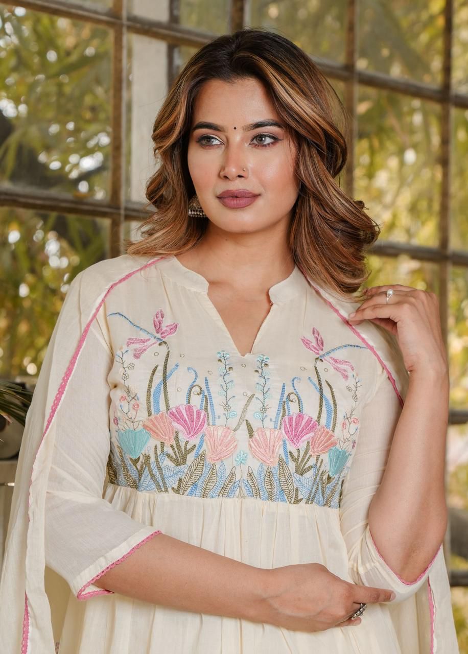 “Jhoda” cream Mul cotton with hand work Anarkali Kurtha suit with dupatta