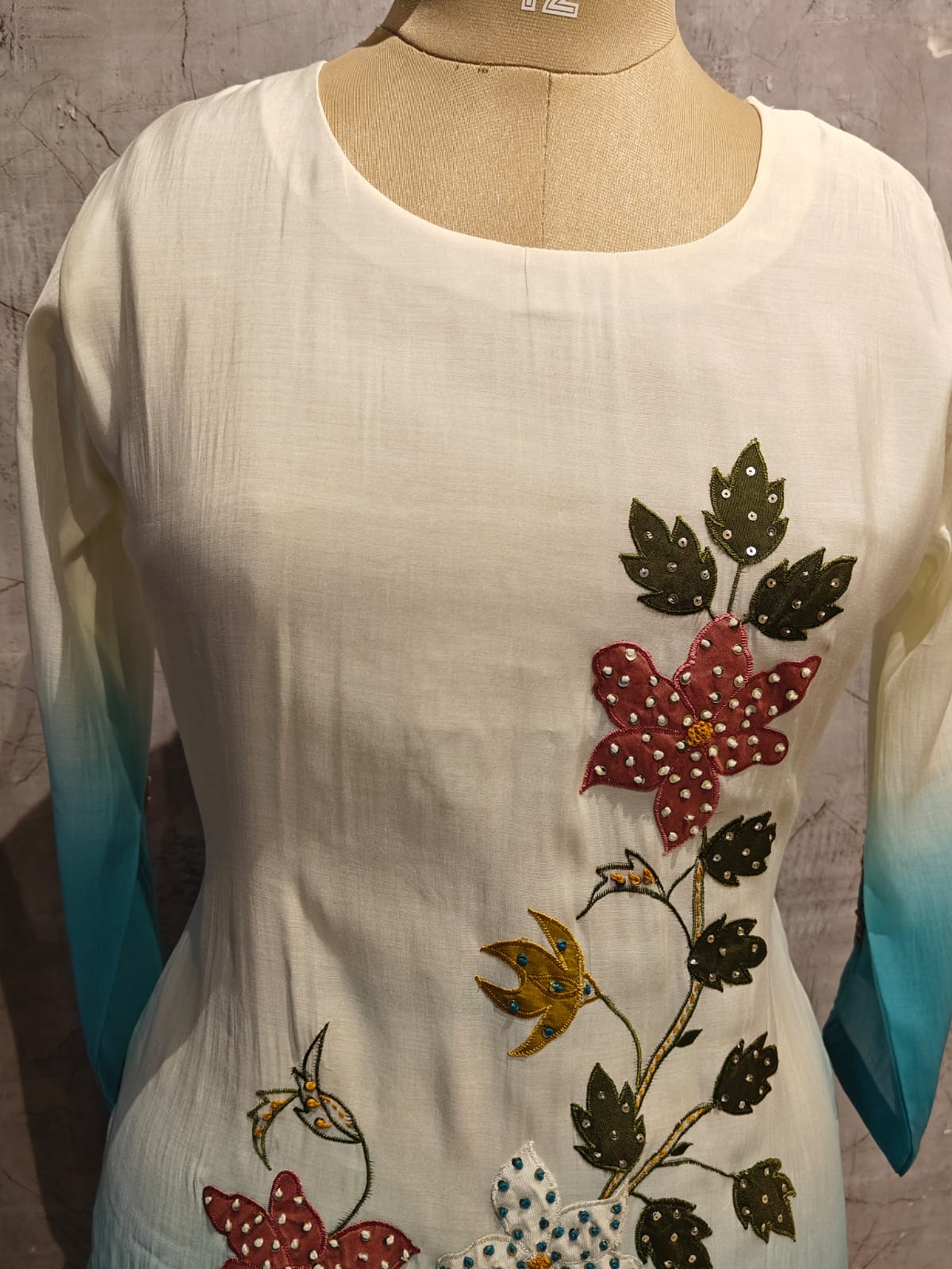 White and Blue Dola Thread Embroiedry Straight Fit Kurtha 431